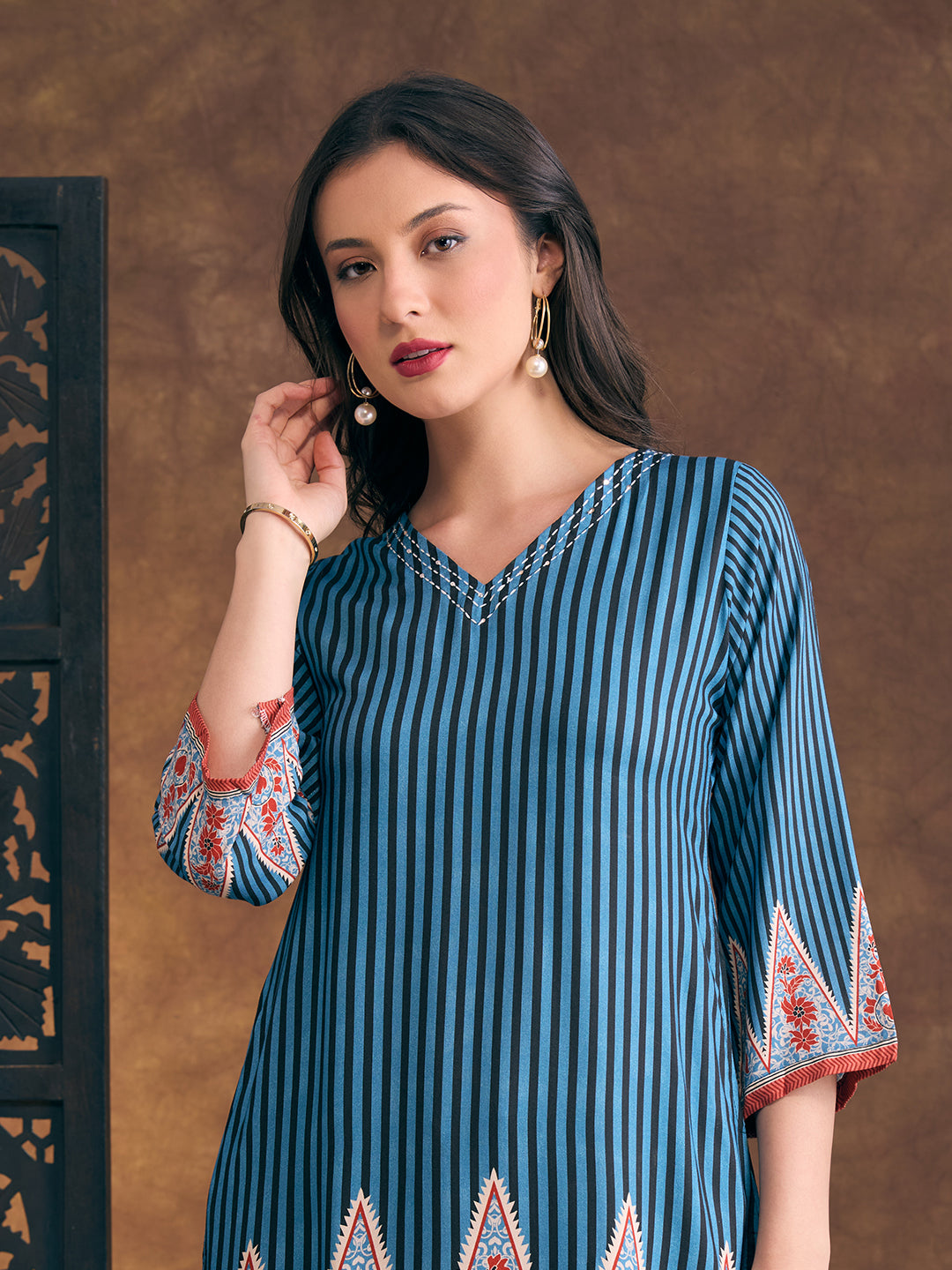 Ethnic Floral & Stripes Printed Straight Fit Kurta with Palazzo - Teal