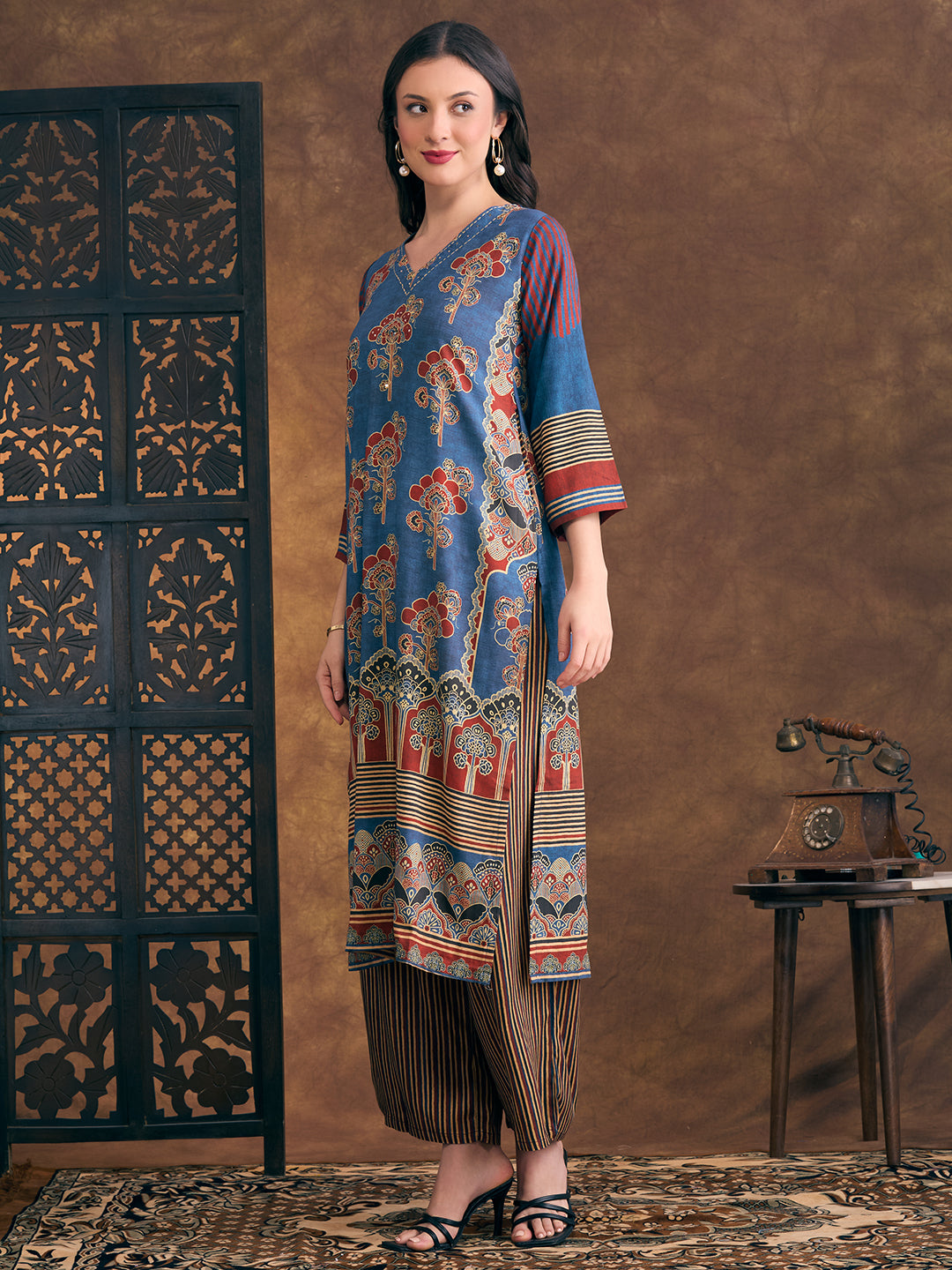 Ethnic Floral Printed Embroidered Straight Fit Kurta with Palazzo - Teal
