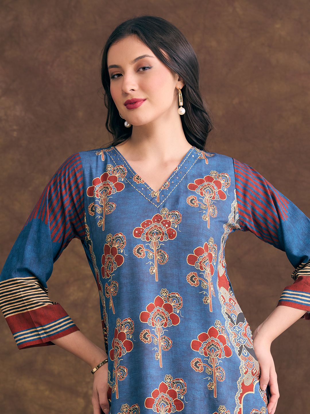 Ethnic Floral Printed Embroidered Straight Fit Kurta with Palazzo - Teal