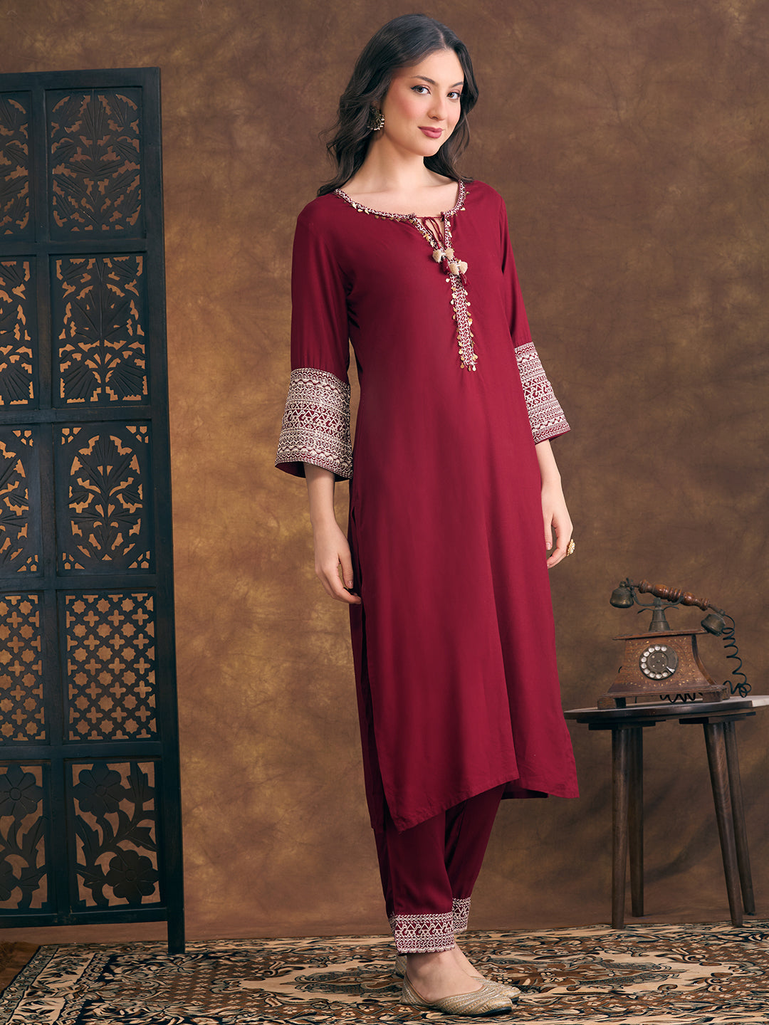 Solid Ethnic Resham & Zari Embroidered Straight Fit Co-ord Set - Maroon