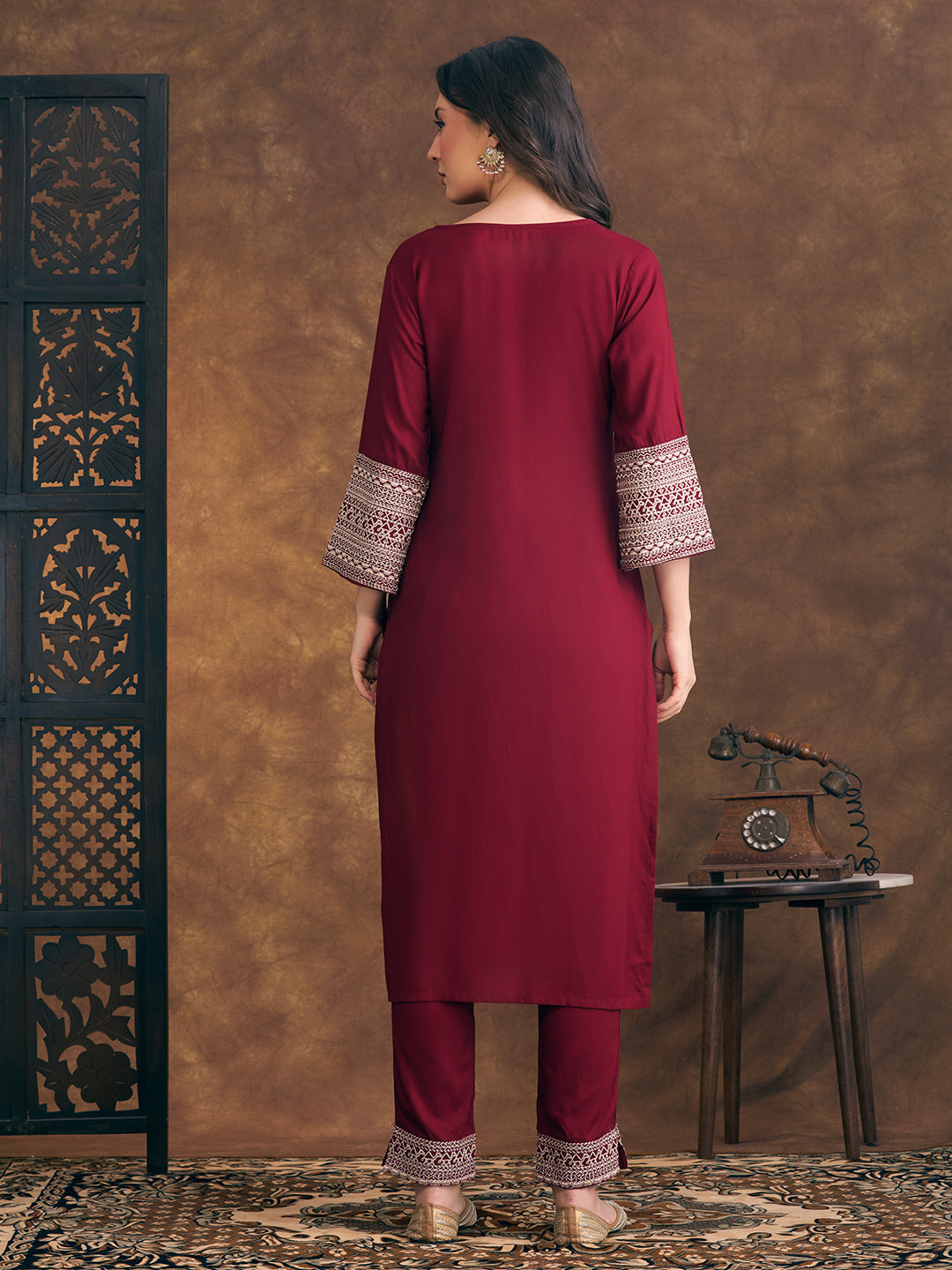 Solid Ethnic Resham & Zari Embroidered Straight Fit Co-ord Set - Maroon
