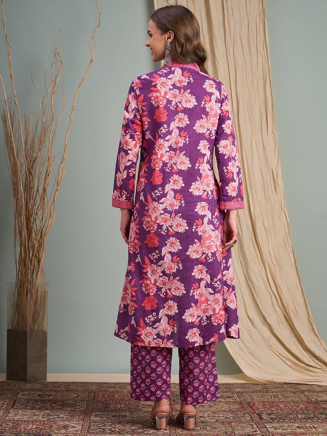Ethnic Floral Printed A-Line Pleated Kurta with Pant - Purple