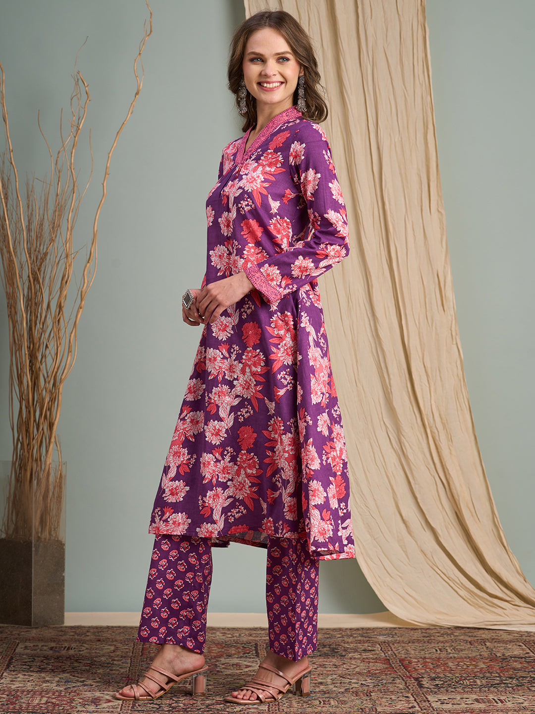 Ethnic Floral Printed A-Line Pleated Kurta with Pant - Purple