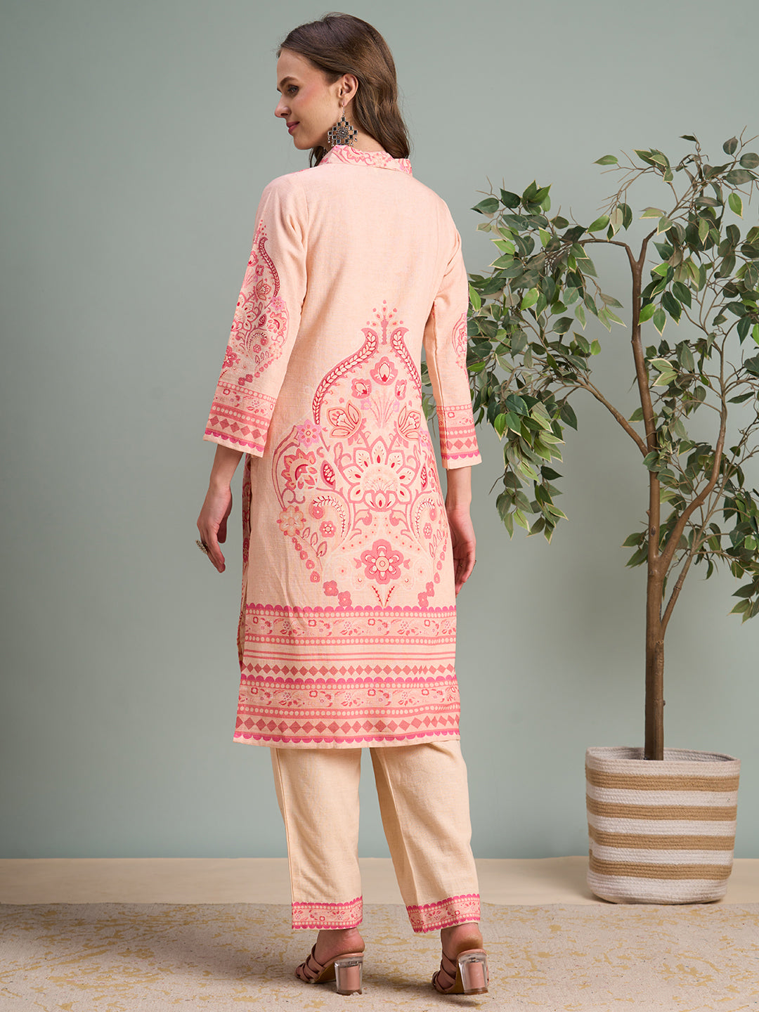 Ethnic Pastel Floral Printed Straight Kurta with Pleated Pant - Pink