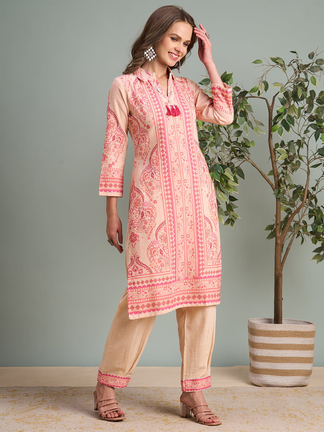Ethnic Pastel Floral Printed Straight Kurta with Pleated Pant - Pink