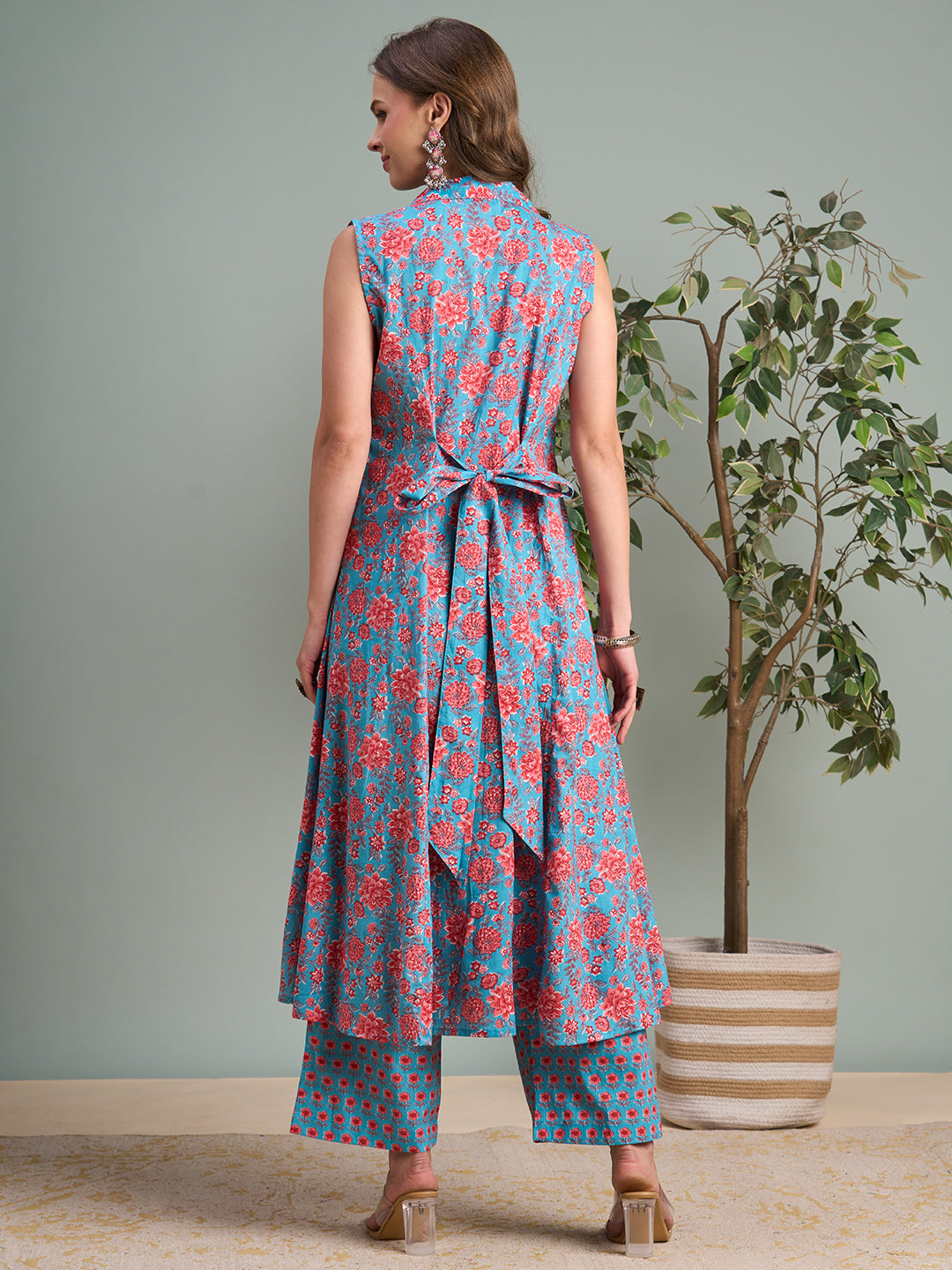Ethnic Floral Printed A-Line Paneled Kurta with Palazzo - Teal Blue