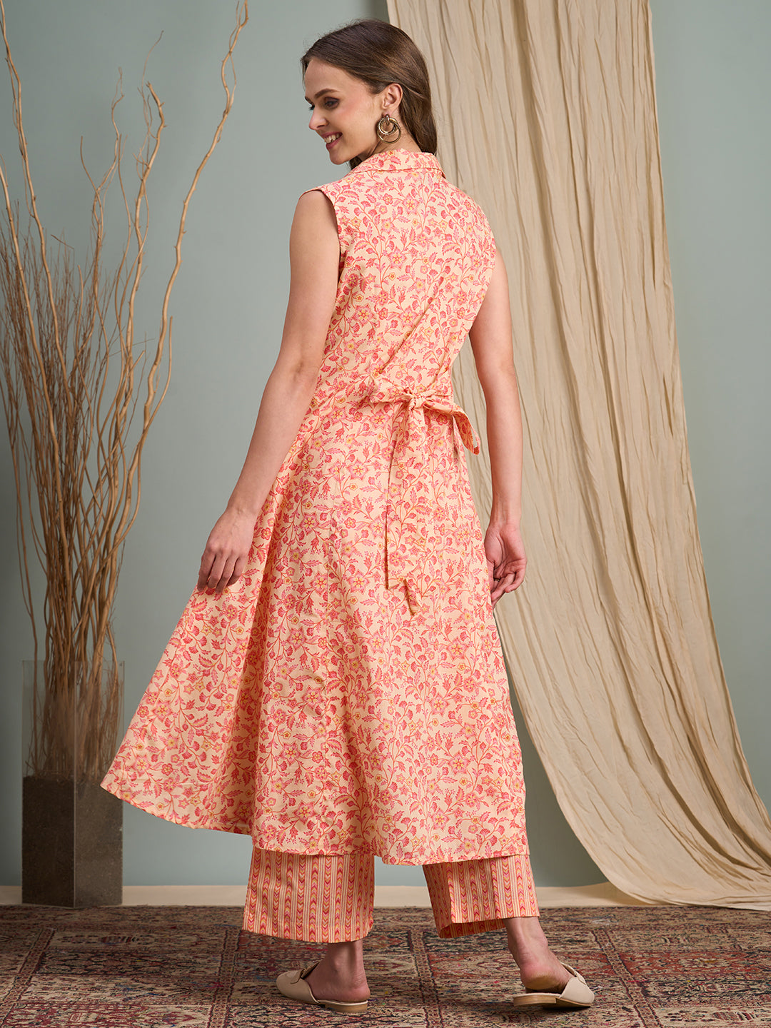 Floral & Stripes Printed A-Line Paneled Kurta with Palazzo - Peach