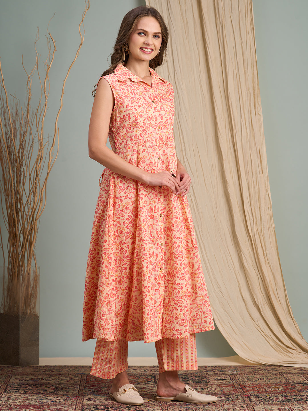 Floral & Stripes Printed A-Line Paneled Kurta with Palazzo - Peach
