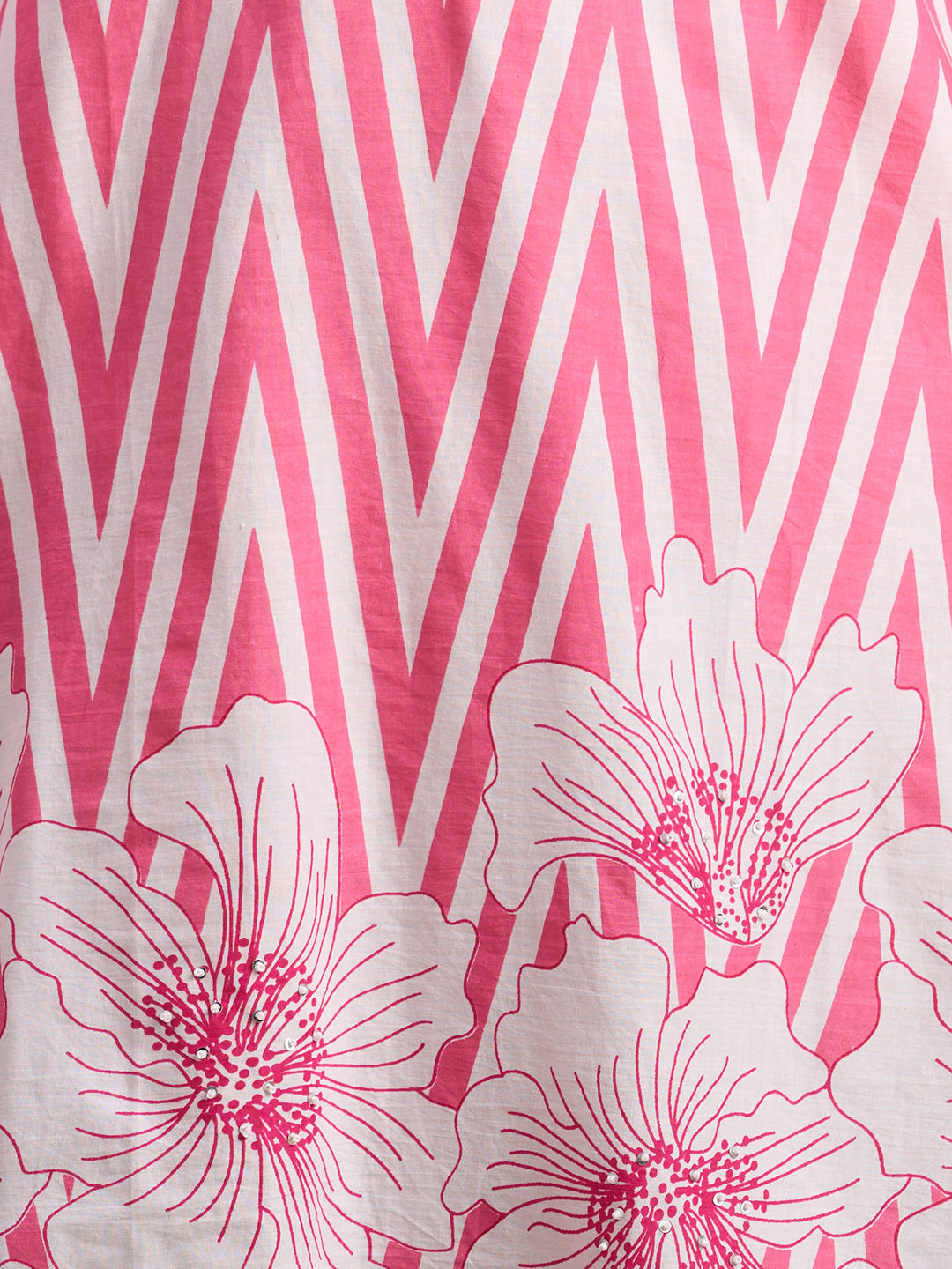 Abstract Floral Stripes Printed & Embroidered Straight Fit Kurta with Pant - Pink