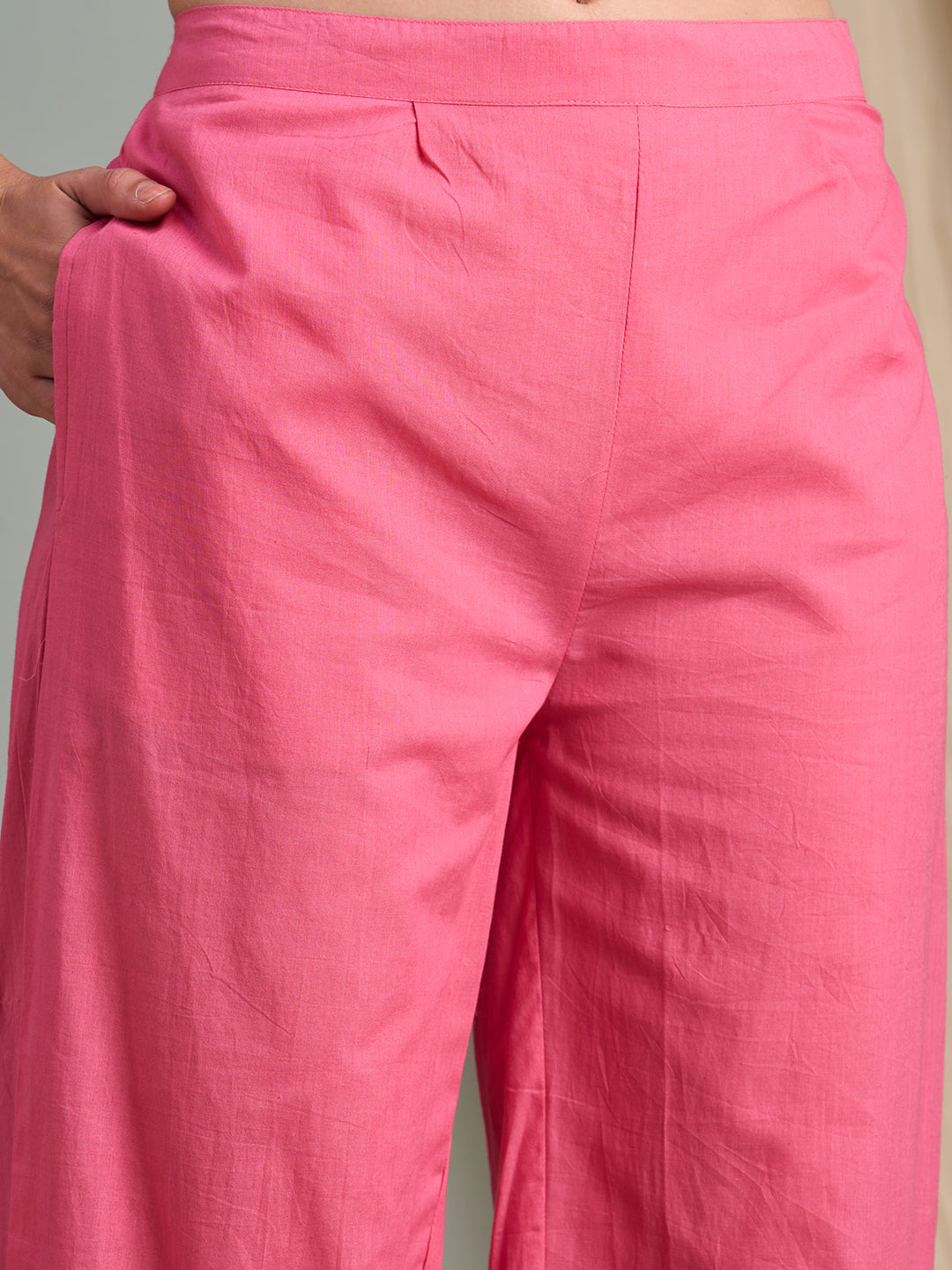 Abstract Floral Stripes Printed & Embroidered Straight Fit Kurta with Pant - Pink