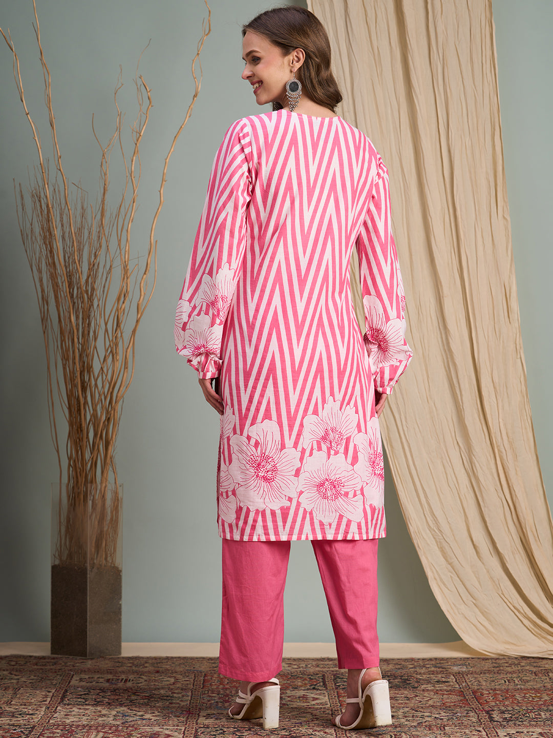 Abstract Floral Stripes Printed & Embroidered Straight Fit Kurta with Pant - Pink