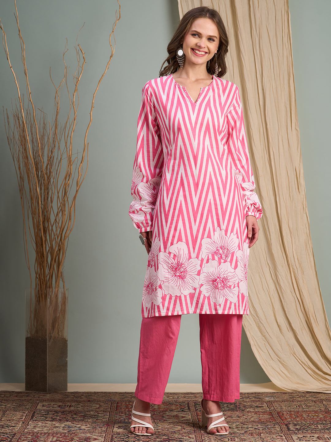 Abstract Floral Stripes Printed & Embroidered Straight Fit Kurta with Pant - Pink