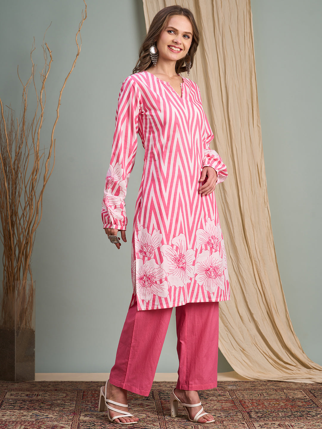 Abstract Floral Stripes Printed & Embroidered Straight Fit Kurta with Pant - Pink