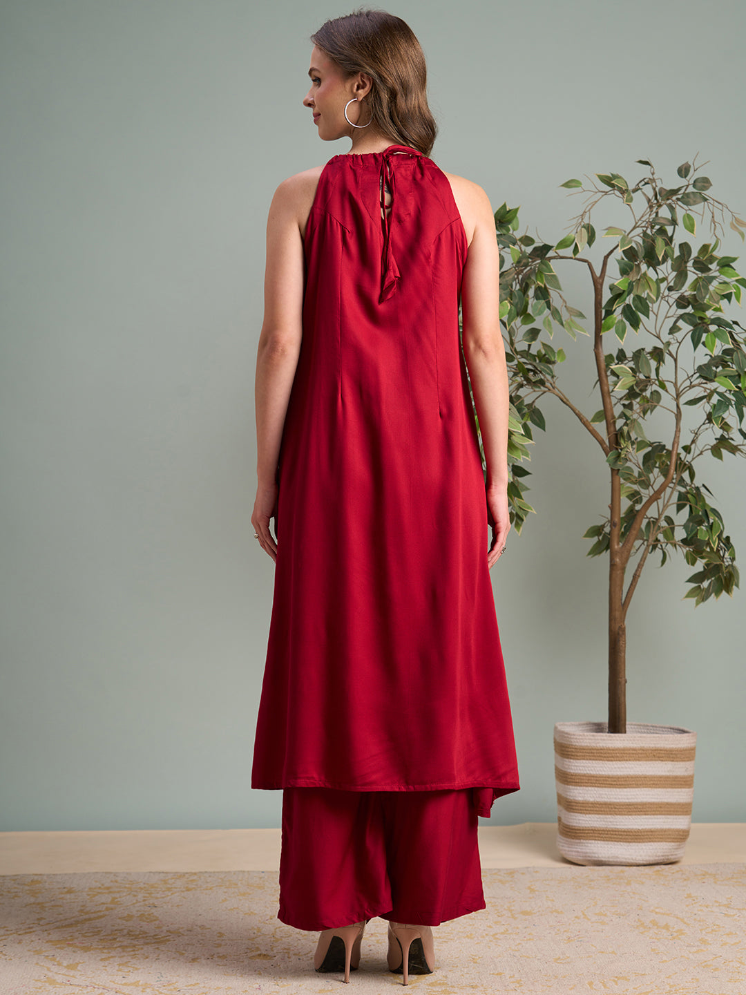 Solid Mirror Embroidered A-Line Paneled Co-ord Set - Red