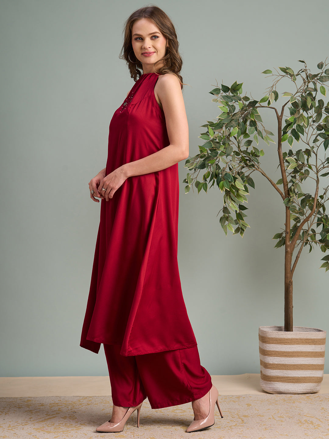 Solid Mirror Embroidered A-Line Paneled Co-ord Set - Red