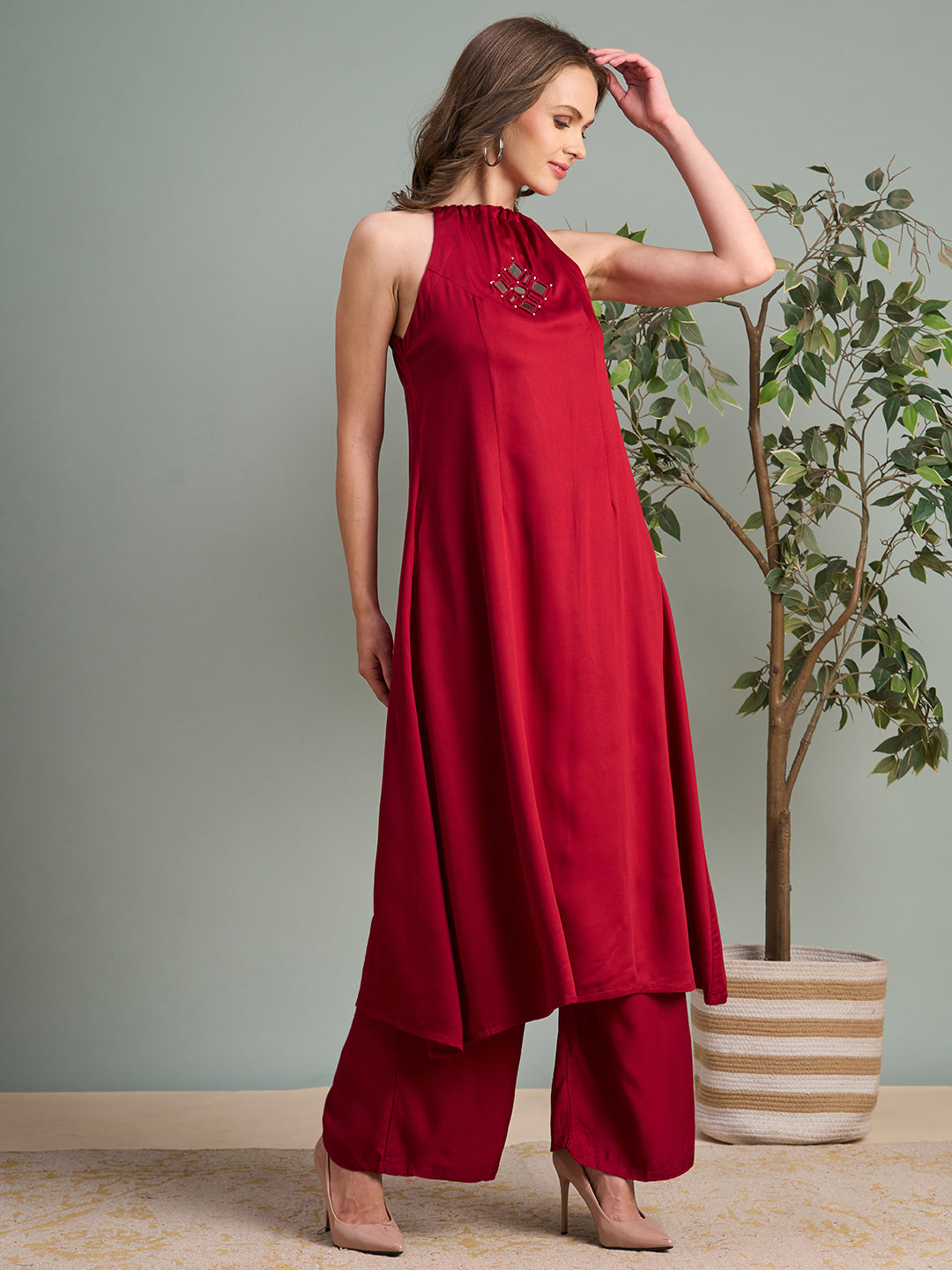 Solid Mirror Embroidered A-Line Paneled Co-ord Set - Red