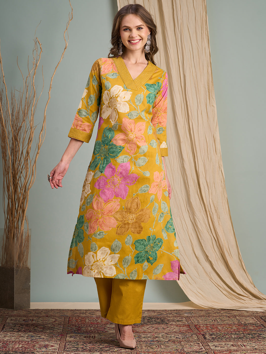 Abstract Floral Foil & Printed Straight Fit Kurta with Palazzo - Mustard