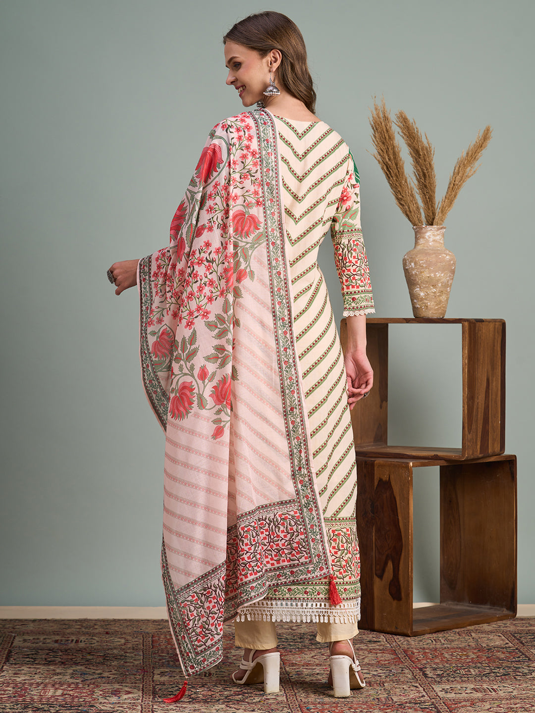 Ethnic Floral Printed & Hand Embroidered Straight Kurta with Pant & Dupatta - Multi