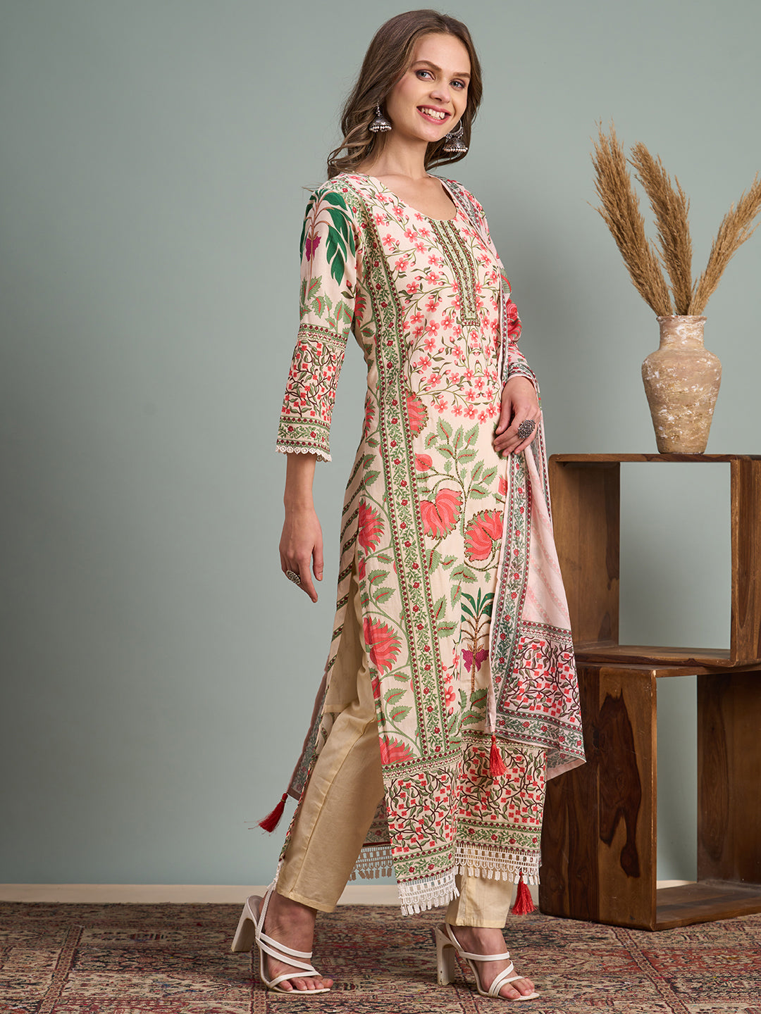 Ethnic Floral Printed & Hand Embroidered Straight Kurta with Pant & Dupatta - Multi