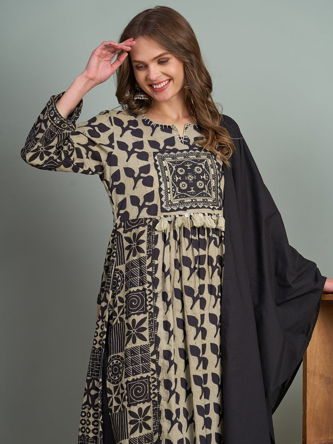 Ethnic Floral Printed A-Line Pleated Kurta with Pant and Dupatta - Black
