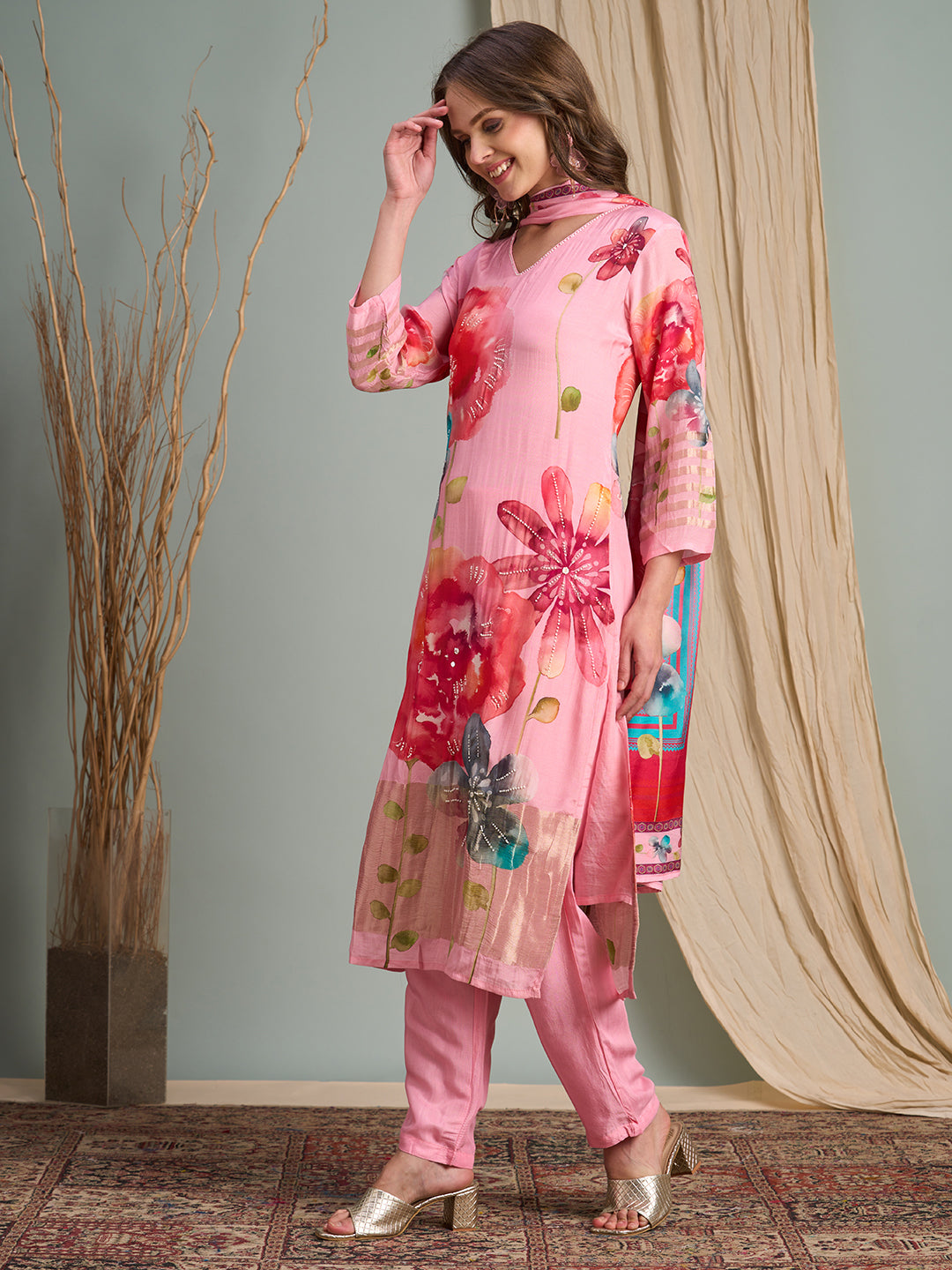 Abstract Floral Printed Embroidered Straight Kurta with Pant and Dupatta - Pink