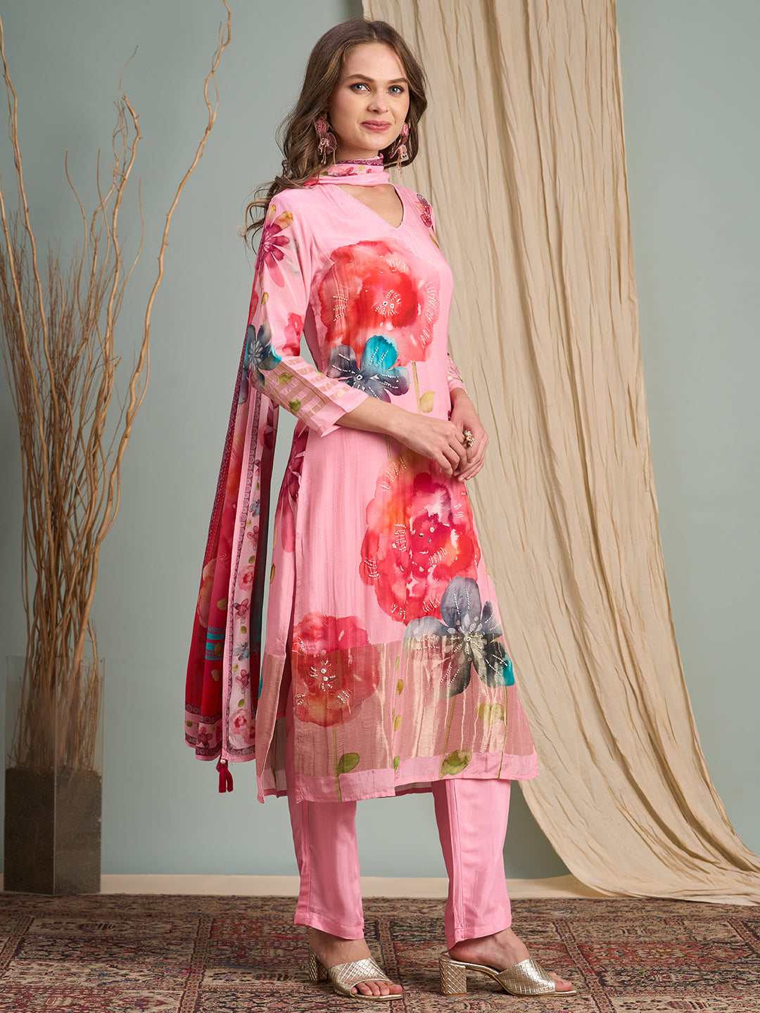 Abstract Floral Printed Embroidered Straight Kurta with Pant and Dupatta - Pink