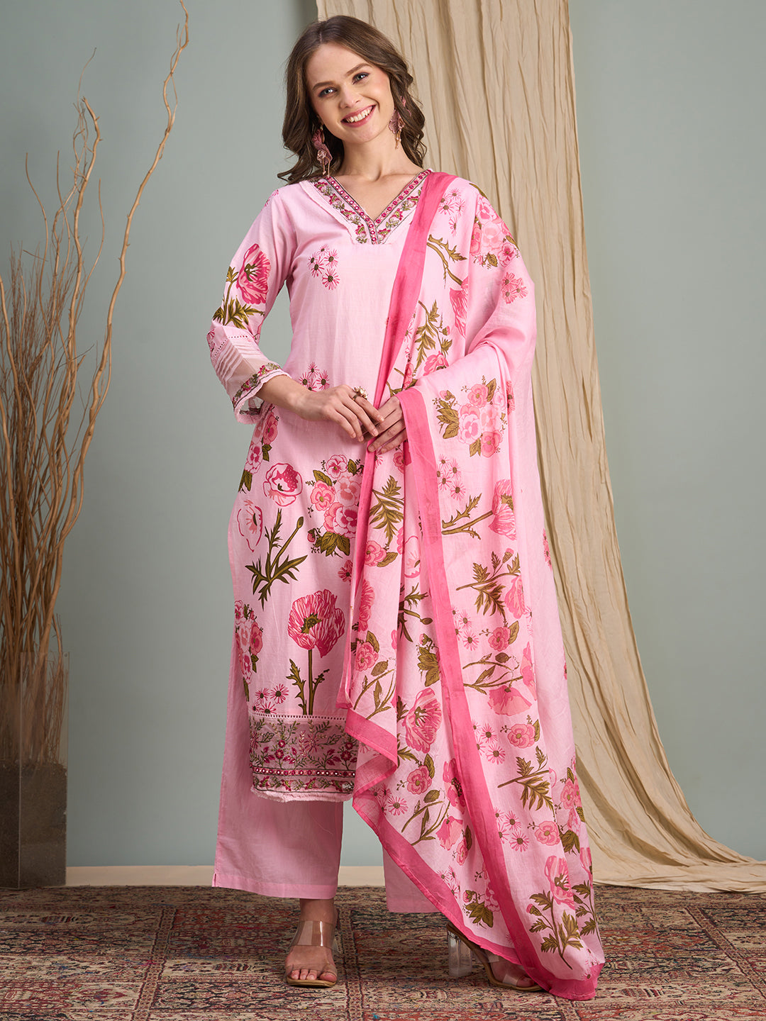 Ethnic Floral Printed Embroidered Straight Fit Kurta with Palazzos and Dupatta - Pink