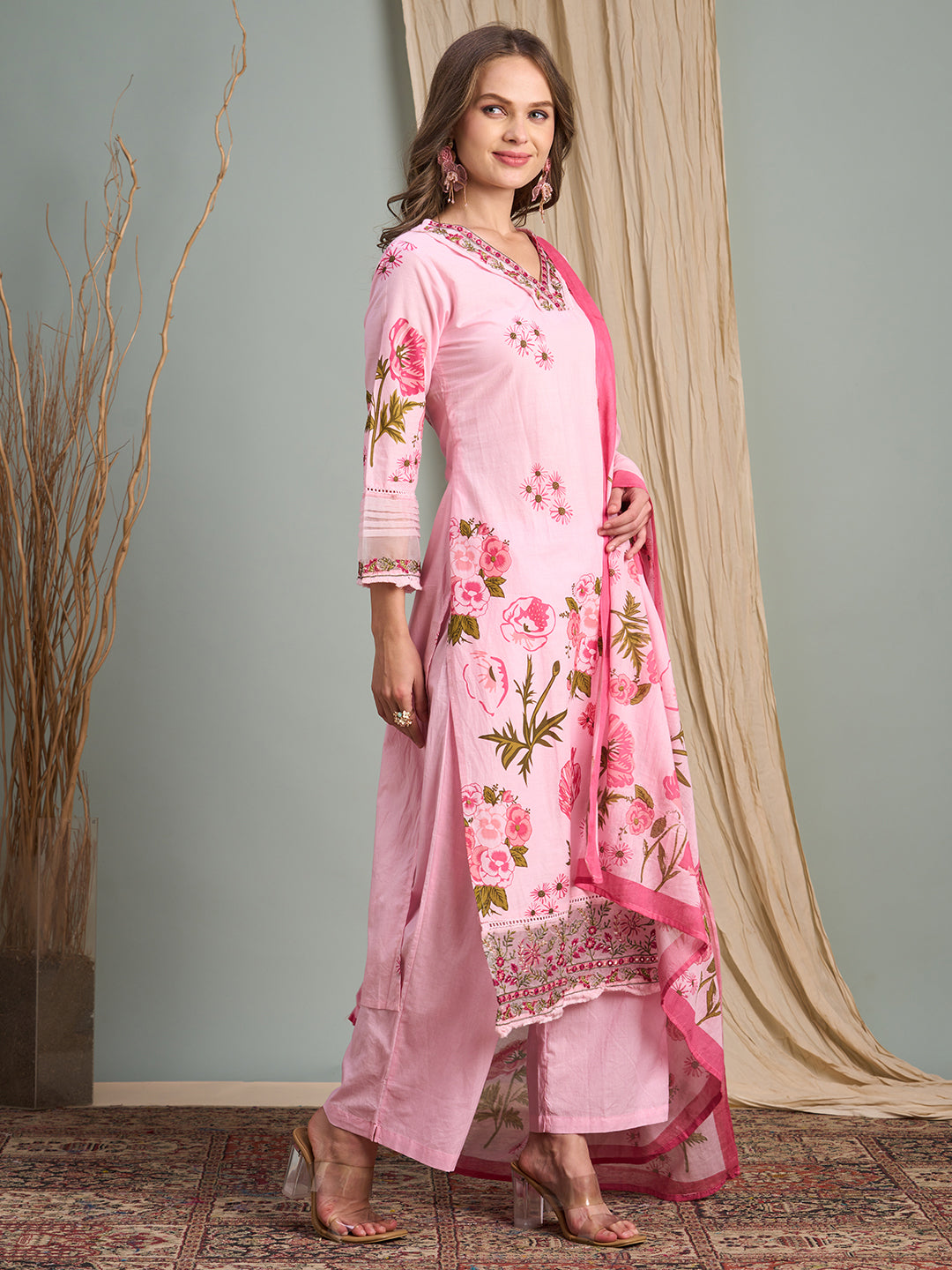 Ethnic Floral Printed Embroidered Straight Fit Kurta with Palazzos and Dupatta - Pink