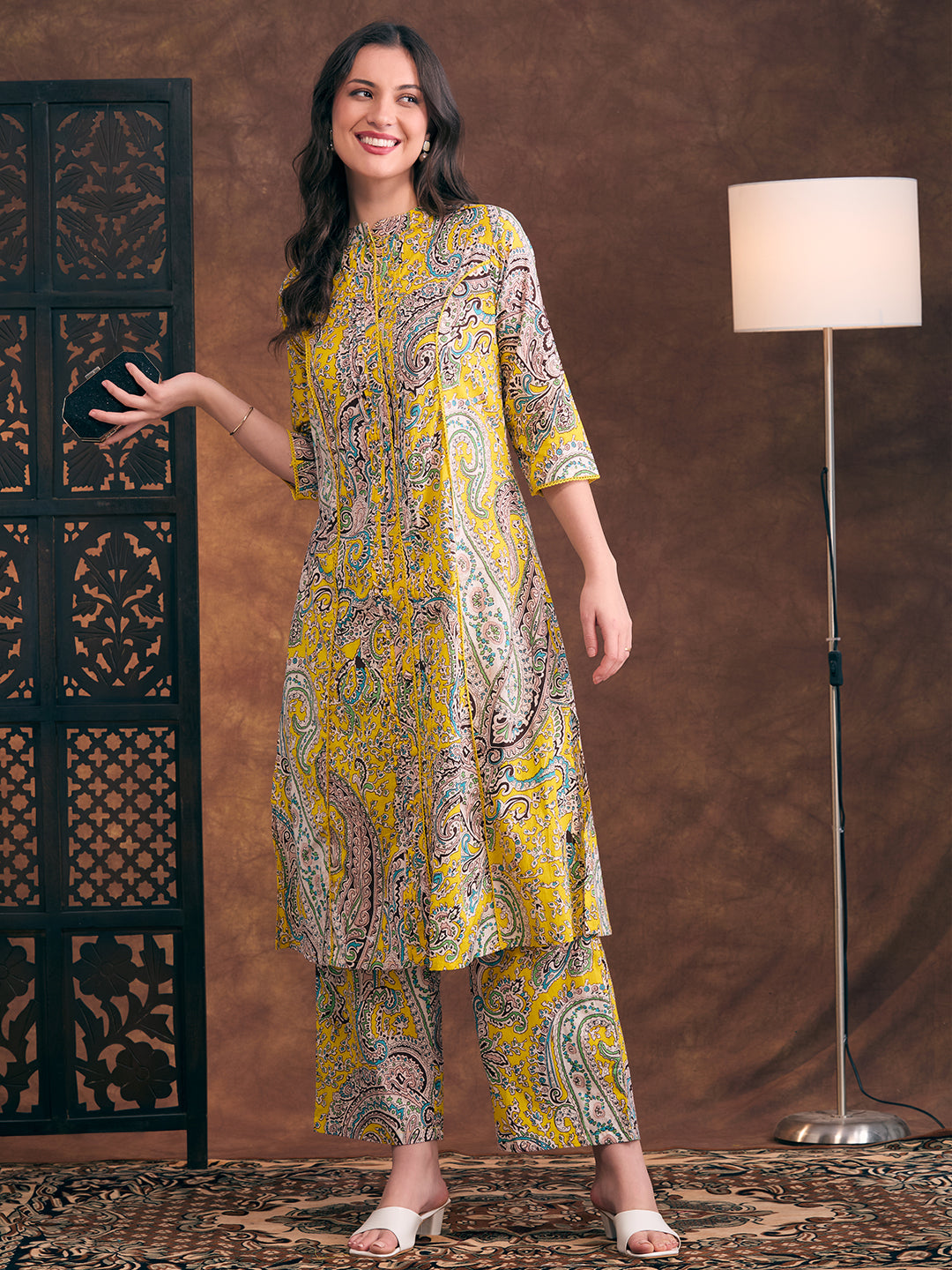 Ethnic Floral Printed A-Line Pleated Co-ord Set - Multi