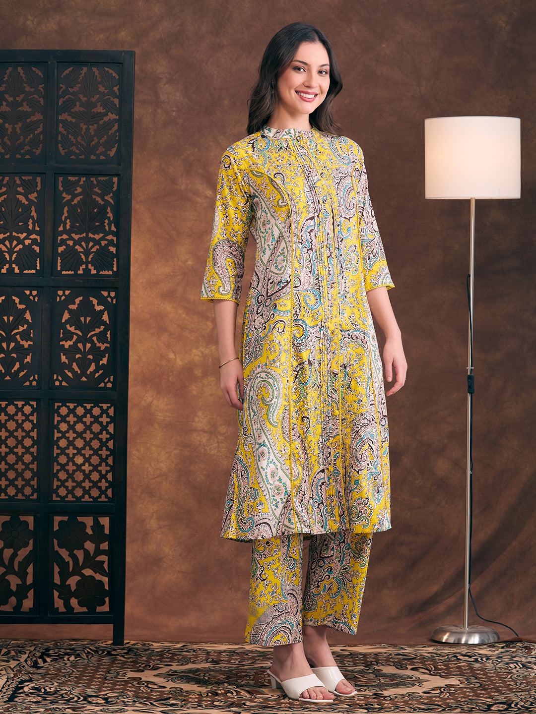 Ethnic Floral Printed A-Line Pleated Co-ord Set - Multi