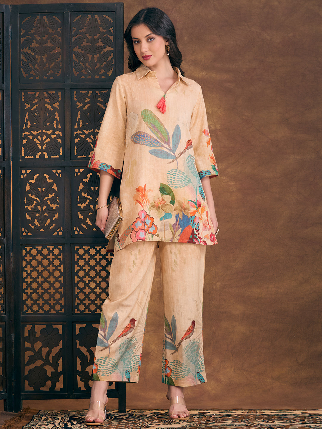 Flora & Fauna Printed Straight Fit Co-ord Set - Cream