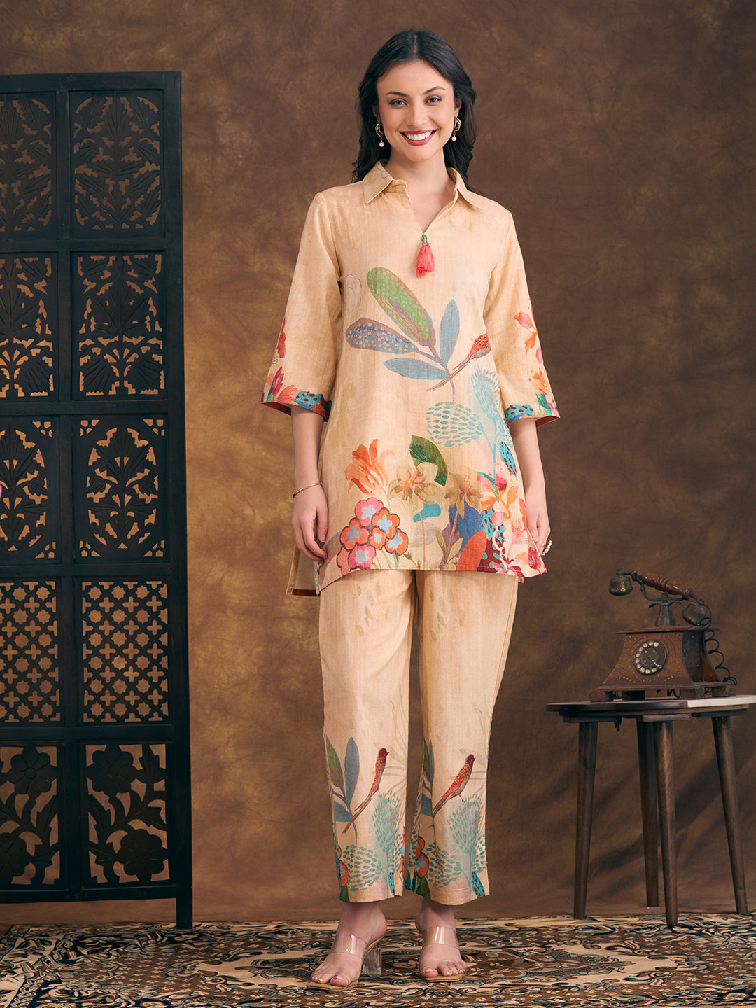 Flora & Fauna Printed Straight Fit Co-ord Set - Cream