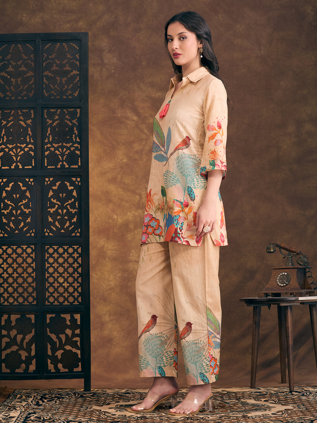 Flora & Fauna Printed Straight Fit Co-ord Set - Cream