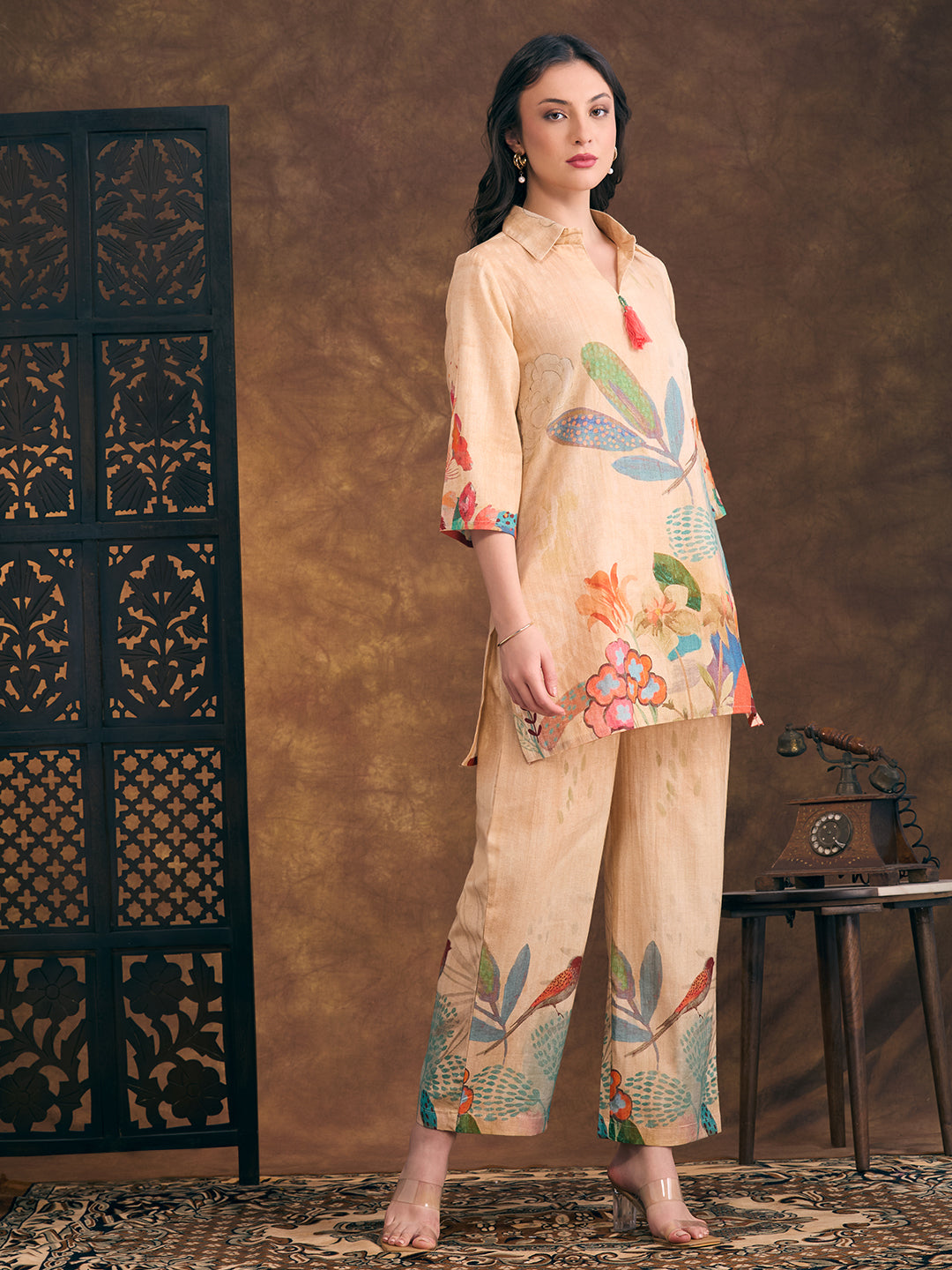 Flora & Fauna Printed Straight Fit Co-ord Set - Cream