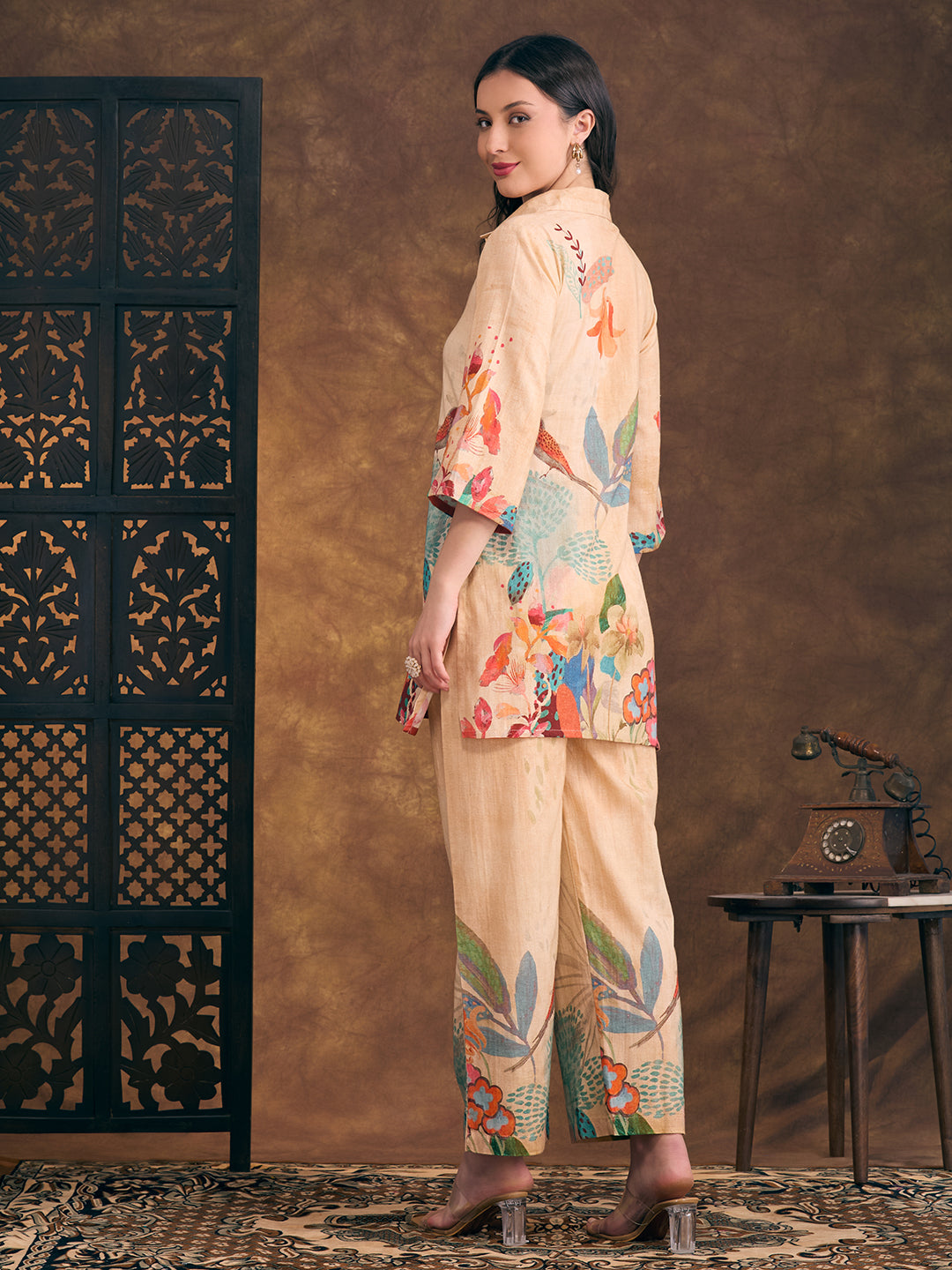 Flora & Fauna Printed Straight Fit Co-ord Set - Cream