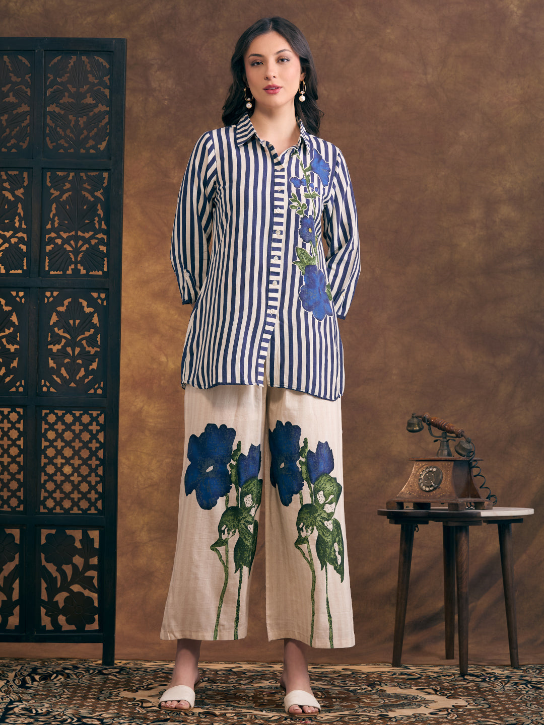 Abstract Floral & Stripes Printed Straight Fit Co-ord Set - Multi
