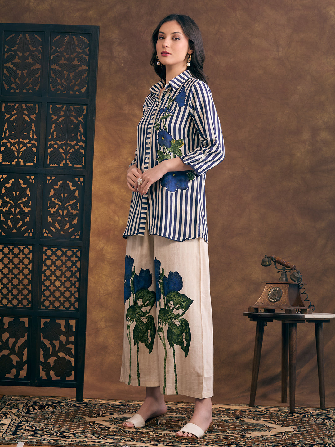 Abstract Floral & Stripes Printed Straight Fit Co-ord Set - Multi