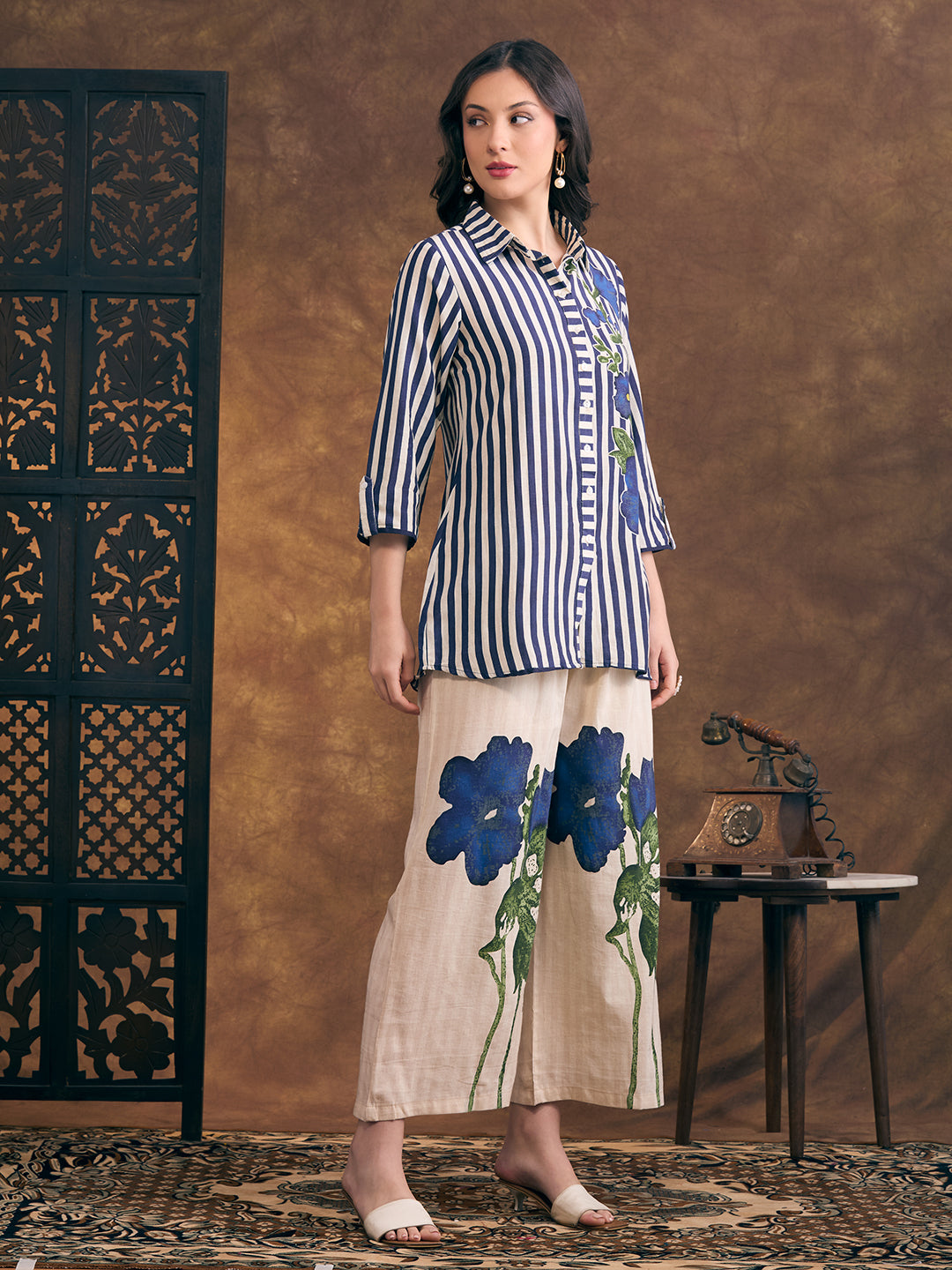 Abstract Floral & Stripes Printed Straight Fit Co-ord Set - Multi