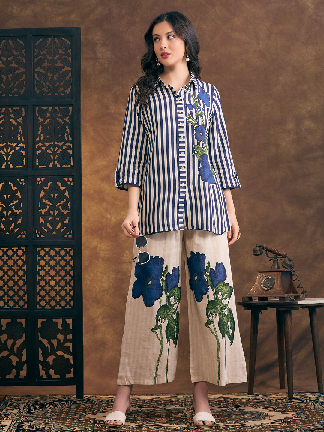 Abstract Floral & Stripes Printed Straight Fit Co-ord Set - Multi