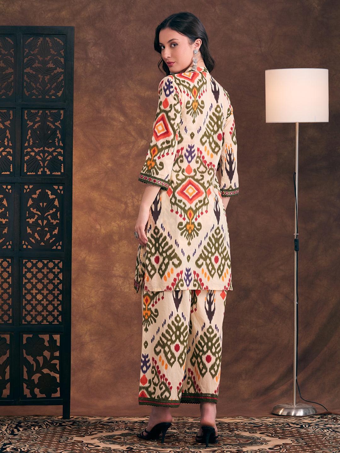 Ethnic Ikat Printed Embroidered Straight Fit Kurta with Palazzo - Multi