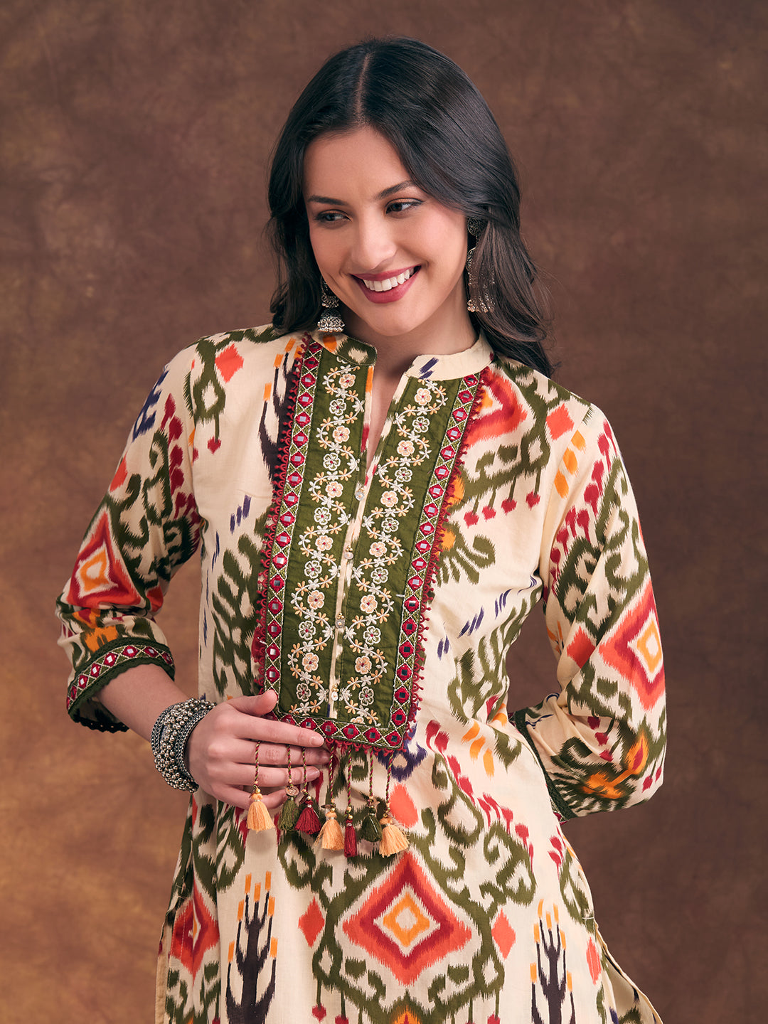 Ethnic Ikat Printed Embroidered Straight Fit Kurta with Palazzo - Multi