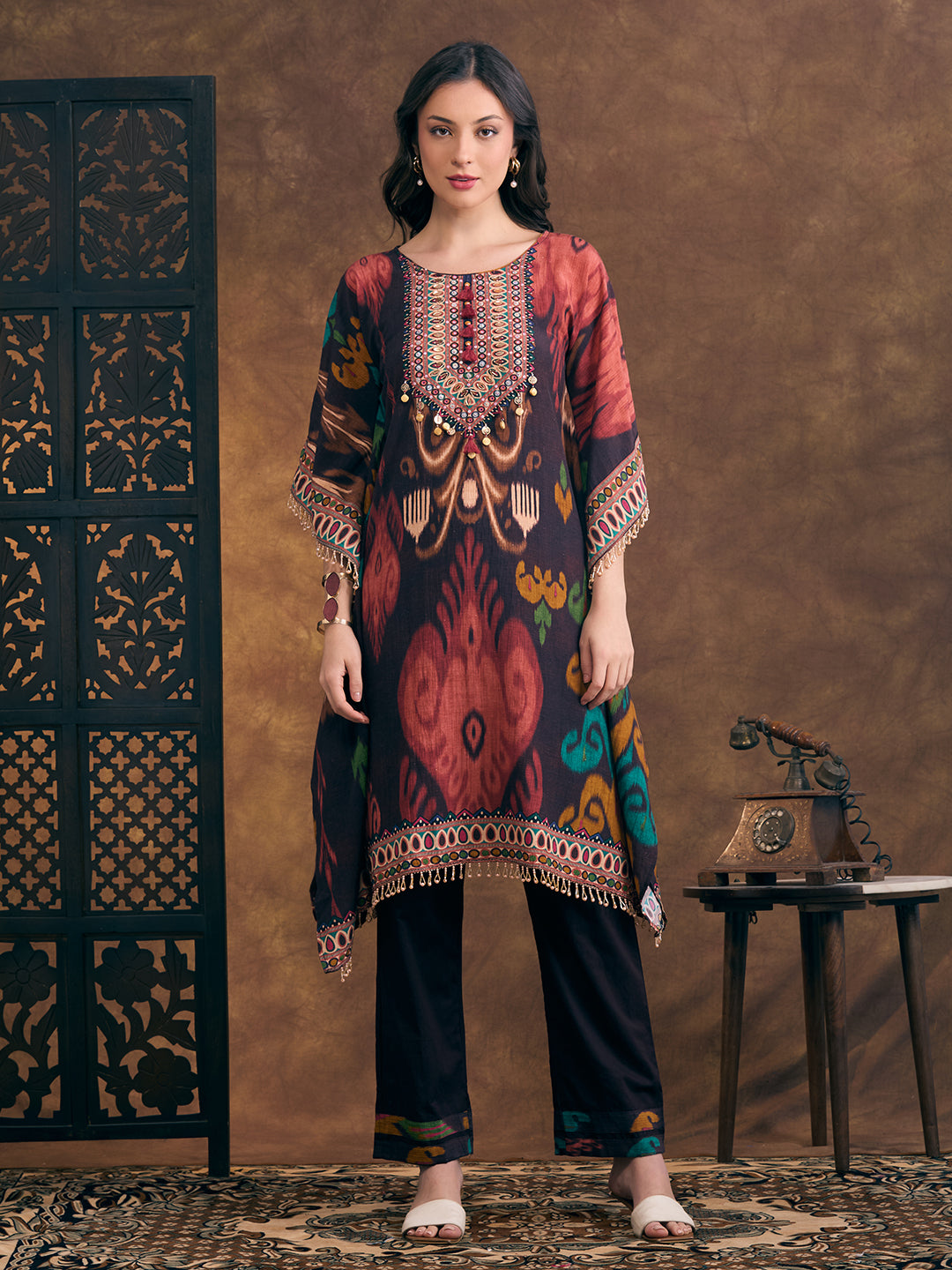 Abstract Ikat Printed Kaftan Kurta with Pant - Multi