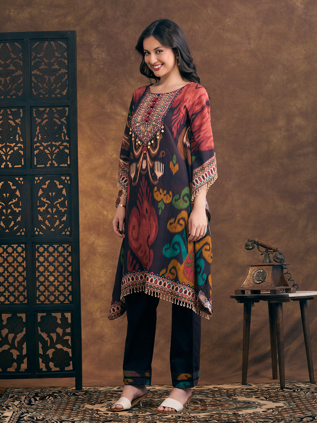 Abstract Ikat Printed Kaftan Kurta with Pant - Multi