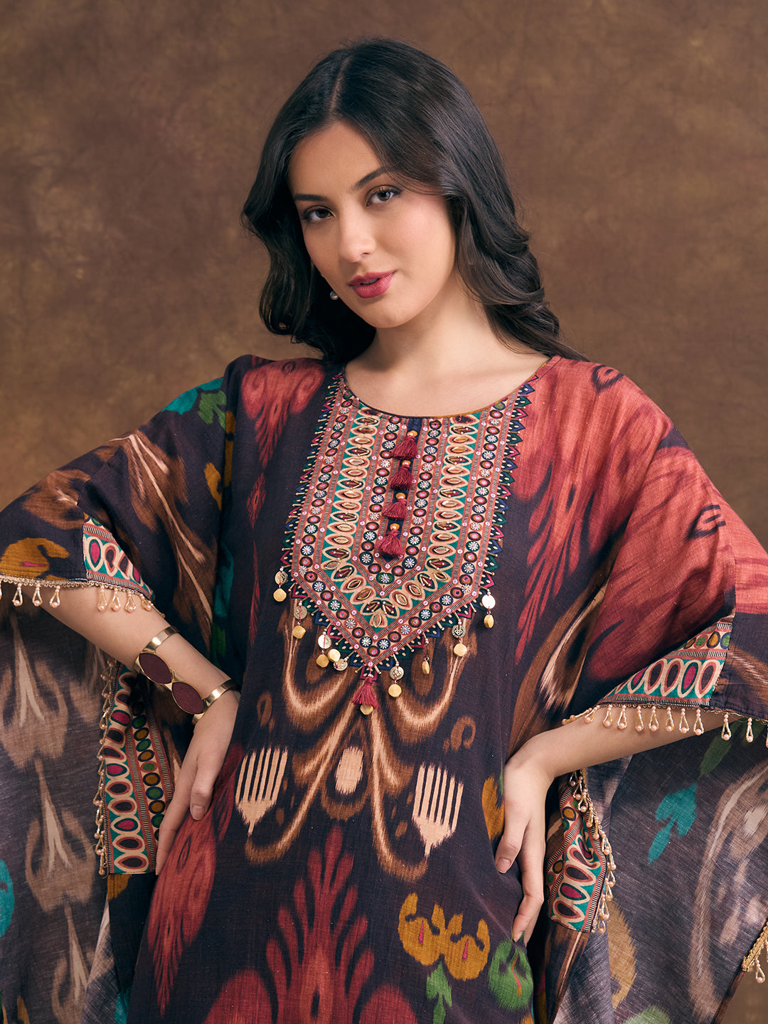 Abstract Ikat Printed Kaftan Kurta with Pant - Multi