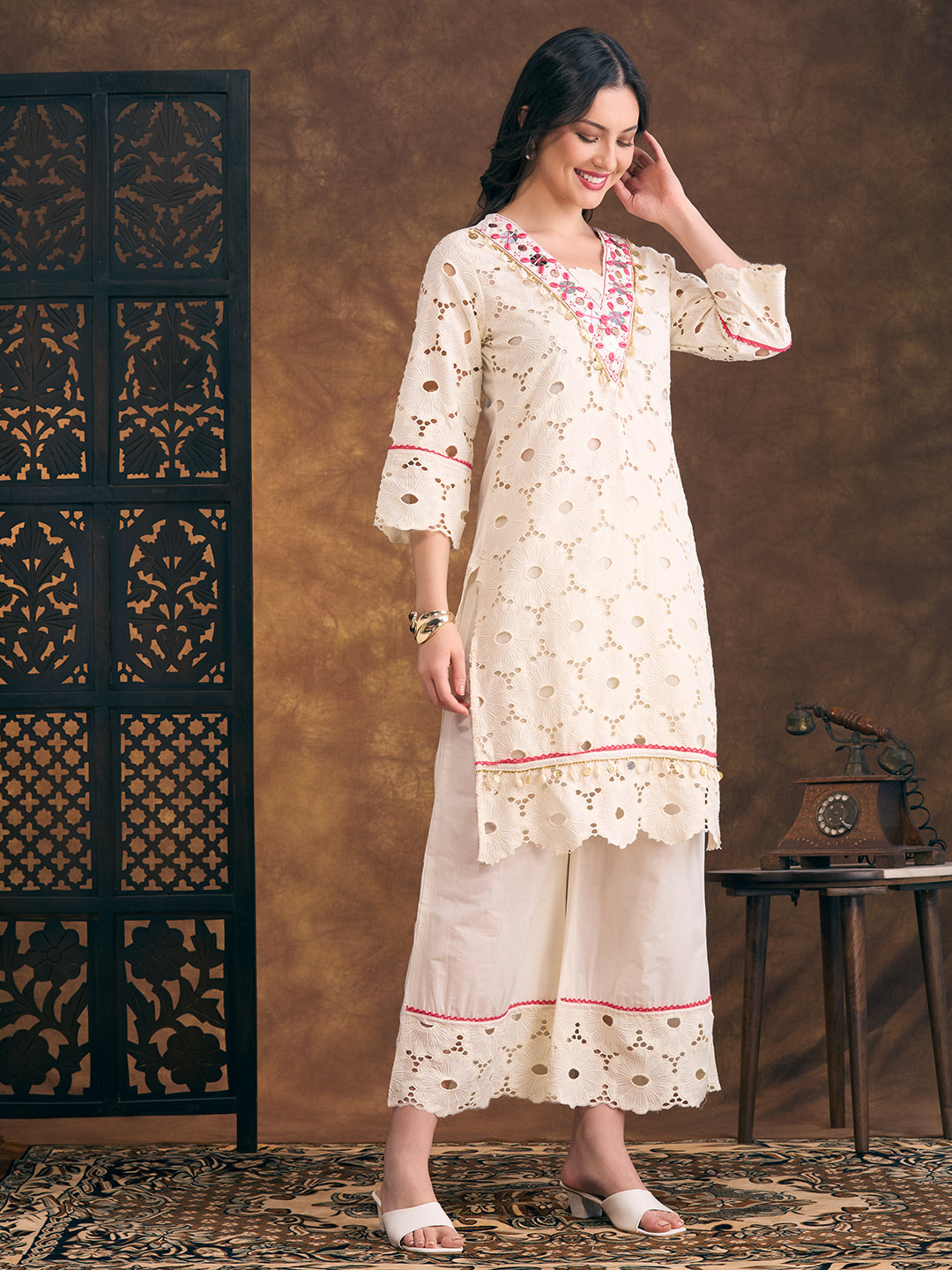 Solid Floral Schiffli Embroidered Straight Fit Kurta with Palazzo - Off White