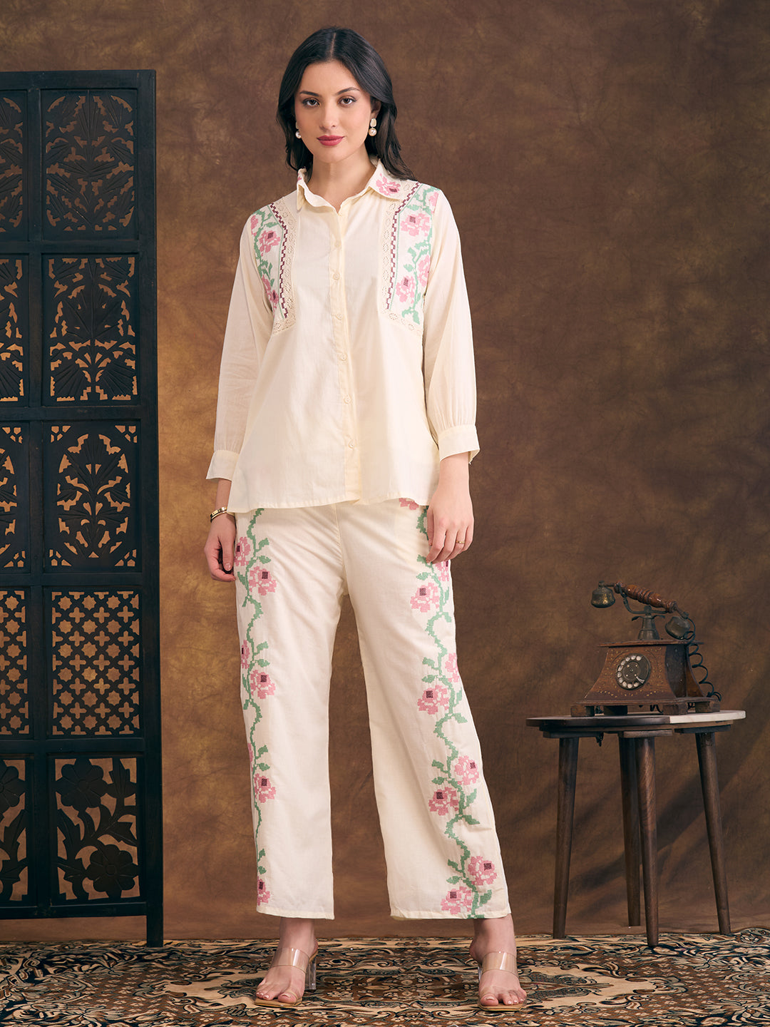 Floral Cross Stitch Embroidered Straight Fit Co-ord Set - Cream