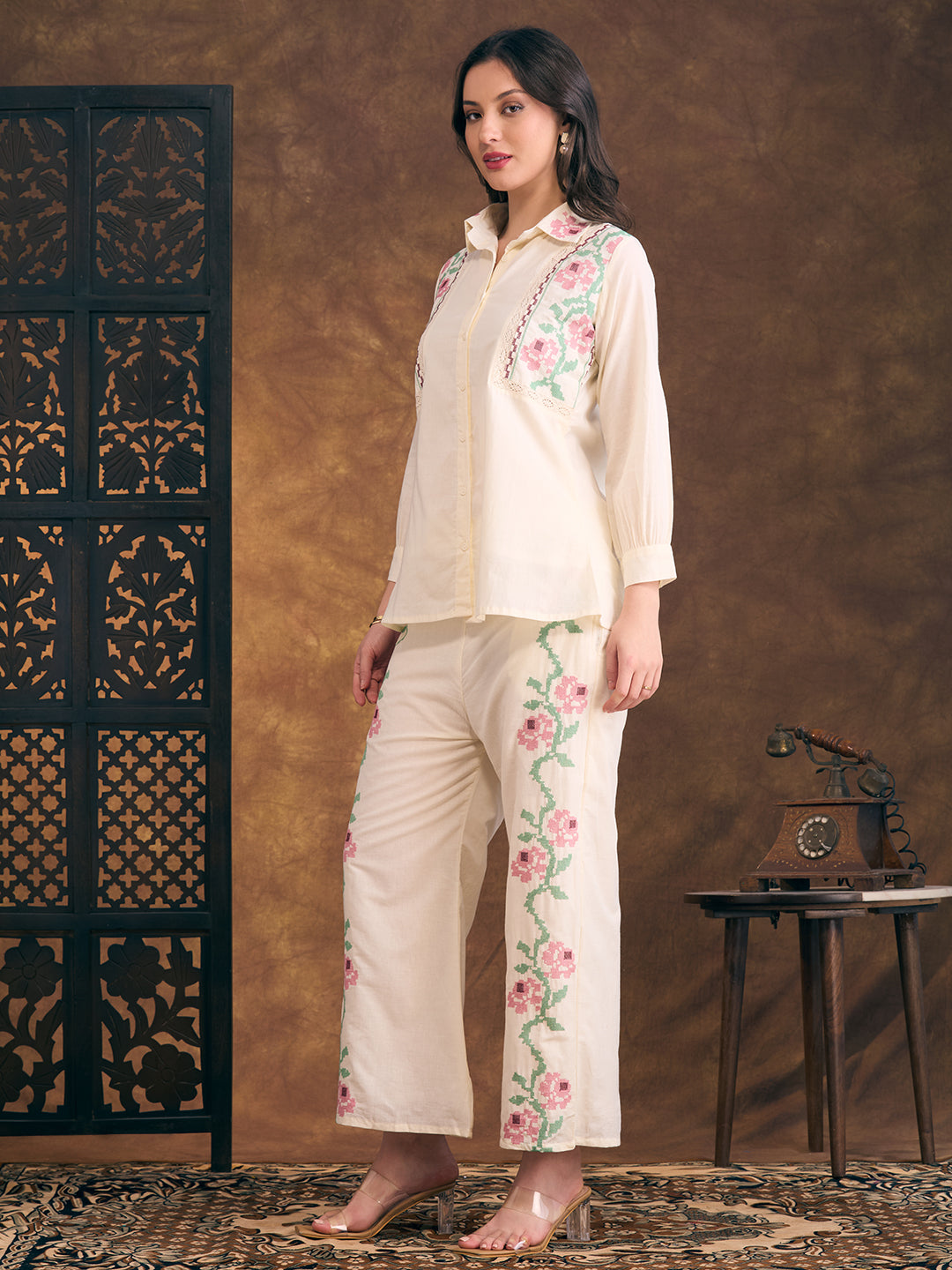 Floral Cross Stitch Embroidered Straight Fit Co-ord Set - Cream