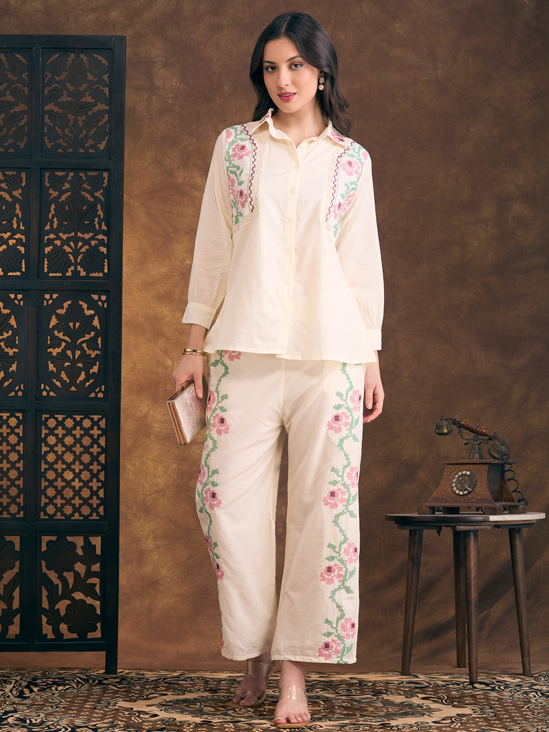Floral Cross Stitch Embroidered Straight Fit Co-ord Set - Cream