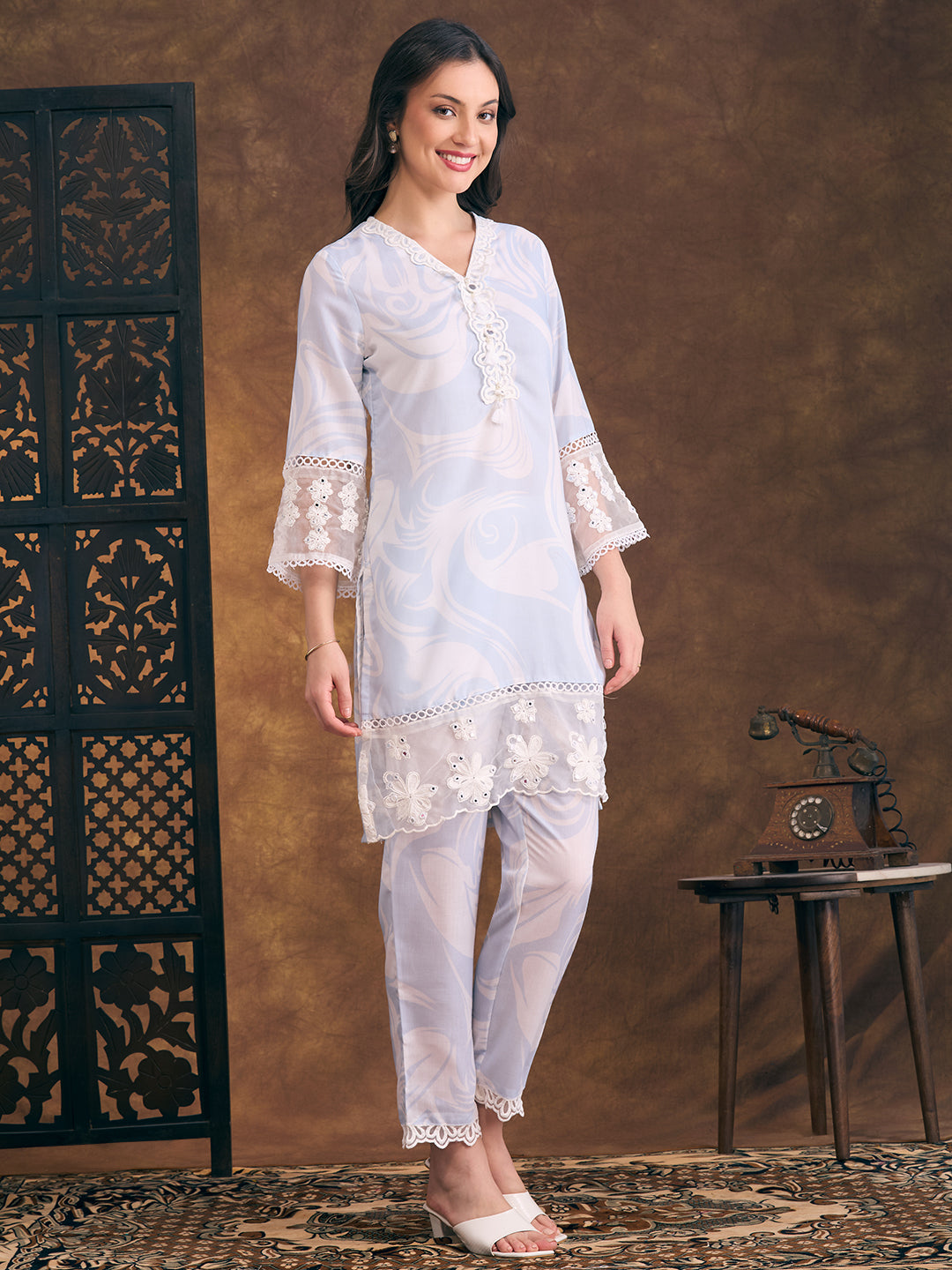 Abstract Printed & Mirror Embroidered Straight Fit Co-ord Set - Blue