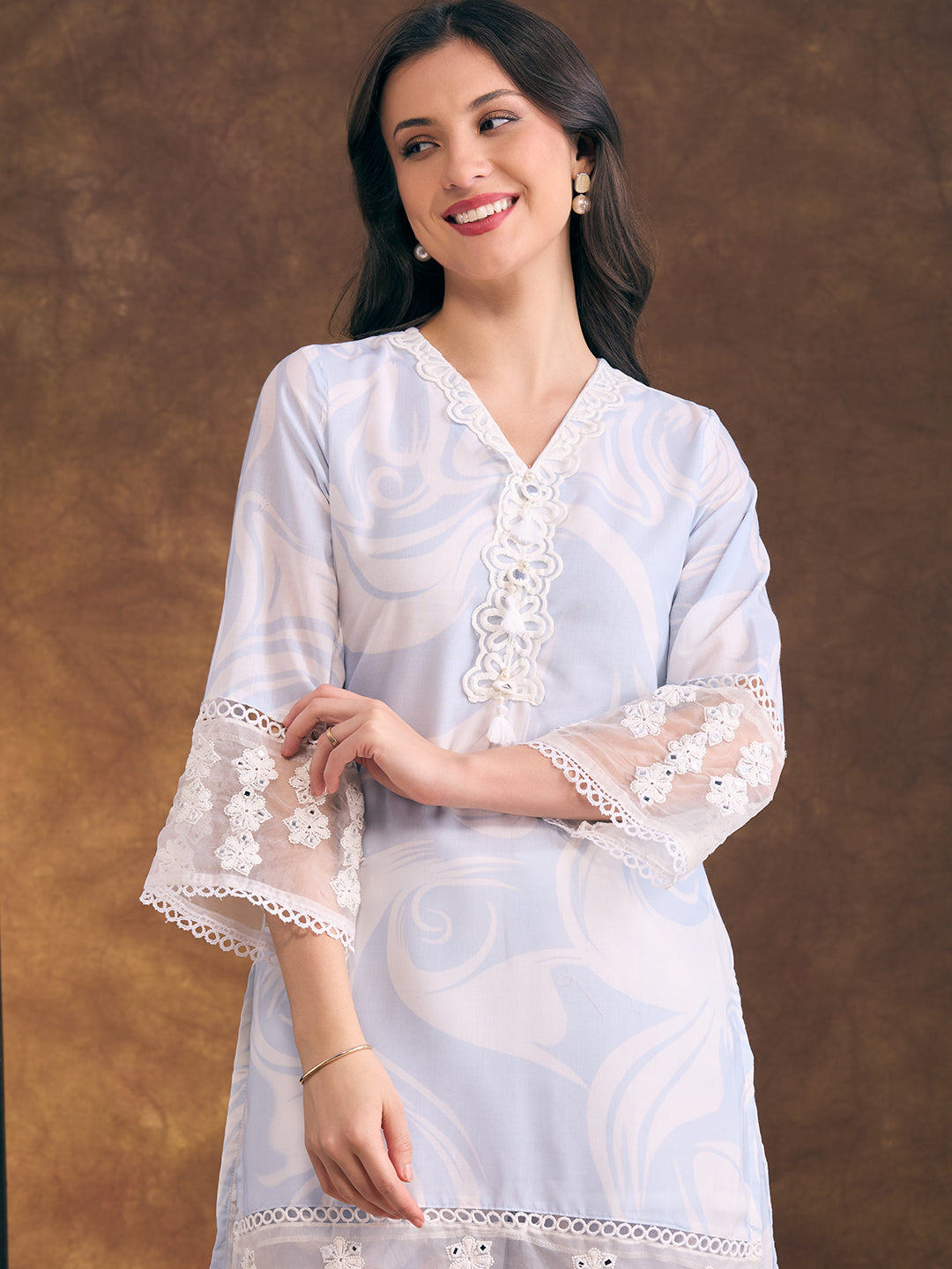 Abstract Printed & Mirror Embroidered Straight Fit Co-ord Set - Blue